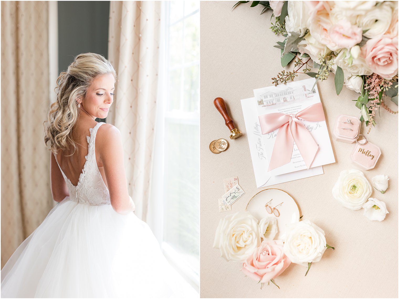 bride poses in window showing off back of wedding gown