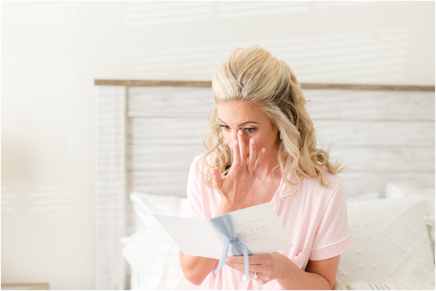 bride crises reading letter on wedding morning in New Jersey 