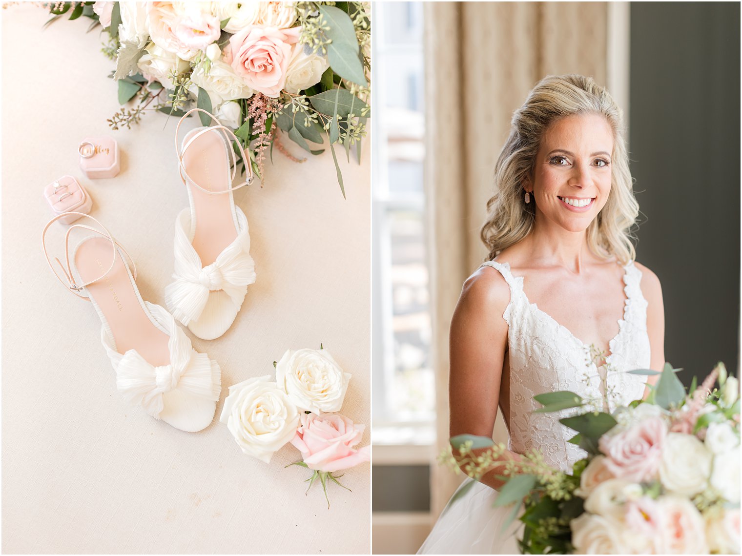 bride holds bouquet of white and pink flowers for fall wedding at the Mill Lakeside Manor