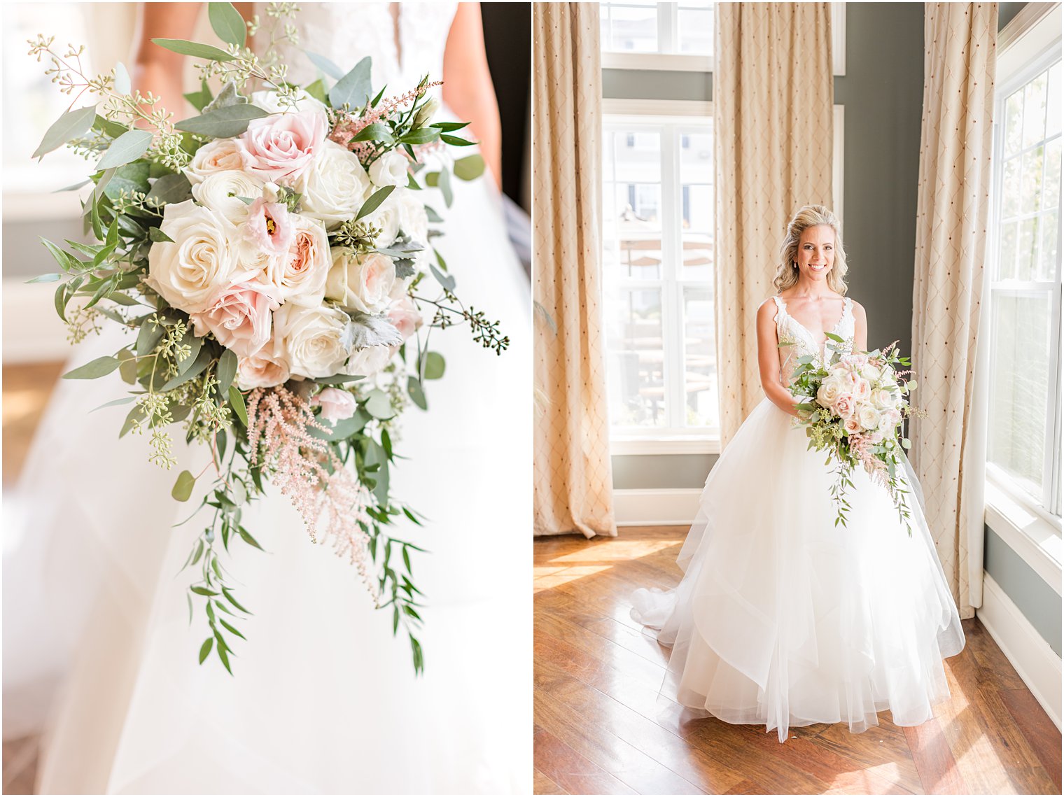 bride stands with cascading bouquet of pink and white flowers