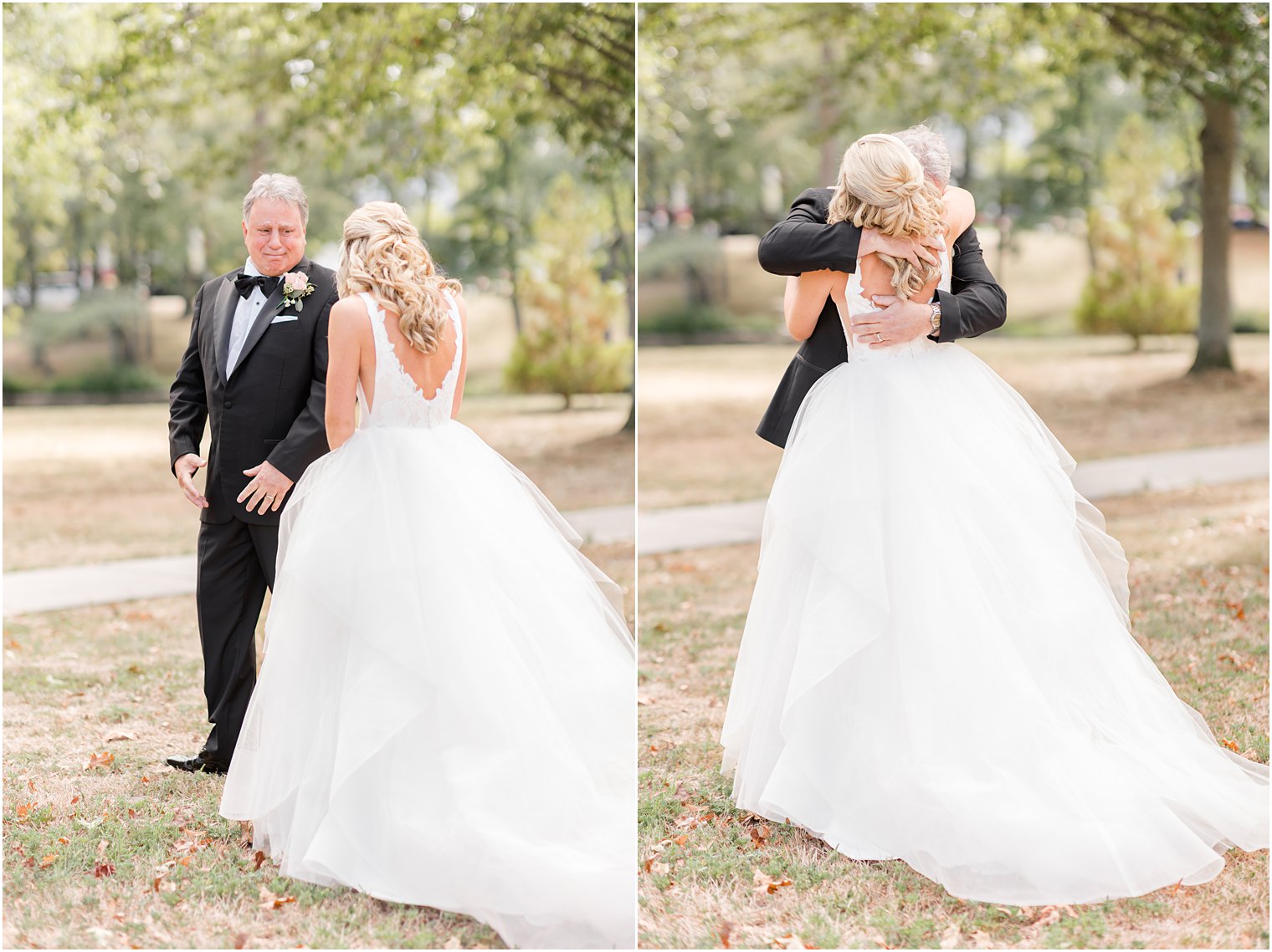 bride hugs dad during first look in New Jersey park 