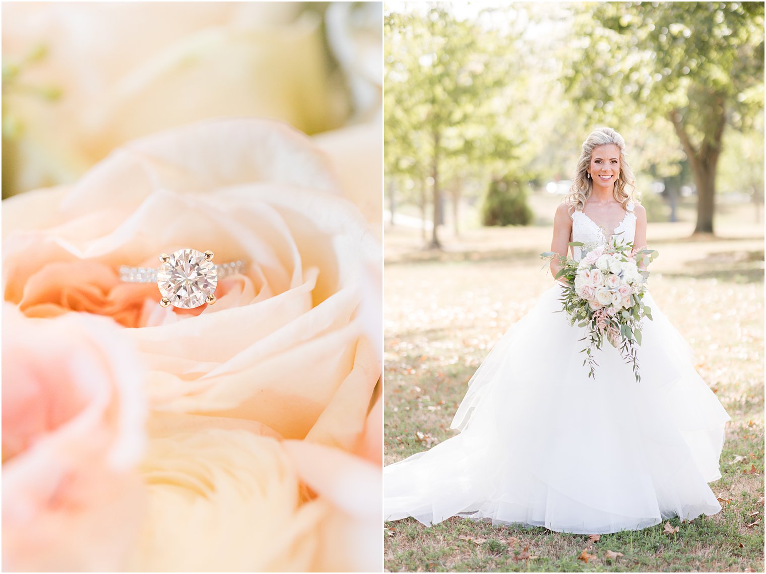 bride stands with bouquet of pink and white flowers 