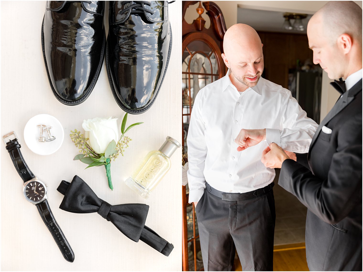 groom prepares for fall wedding day in New Jersey