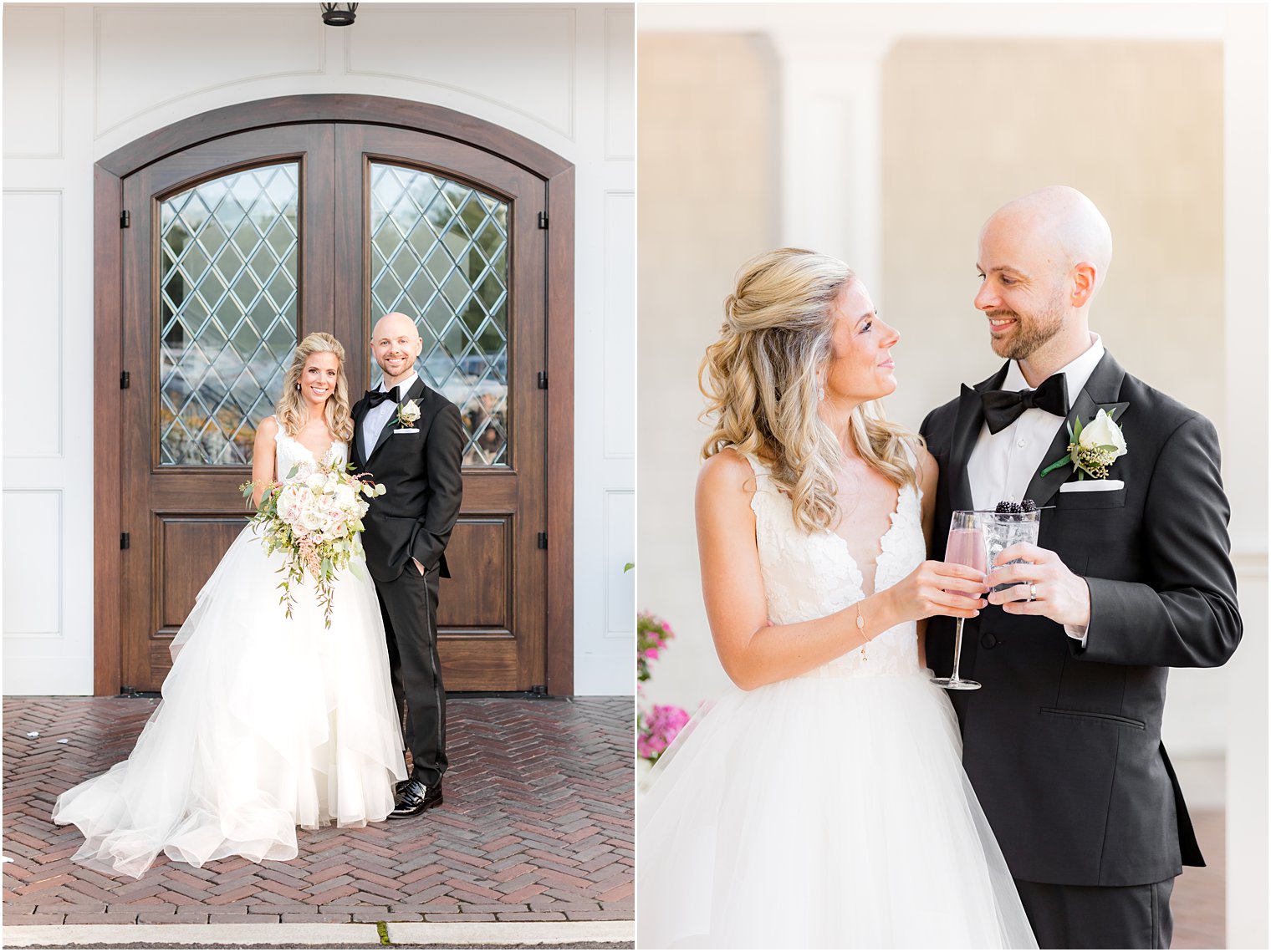 bride and groom toast champagne during NJ wedding photos