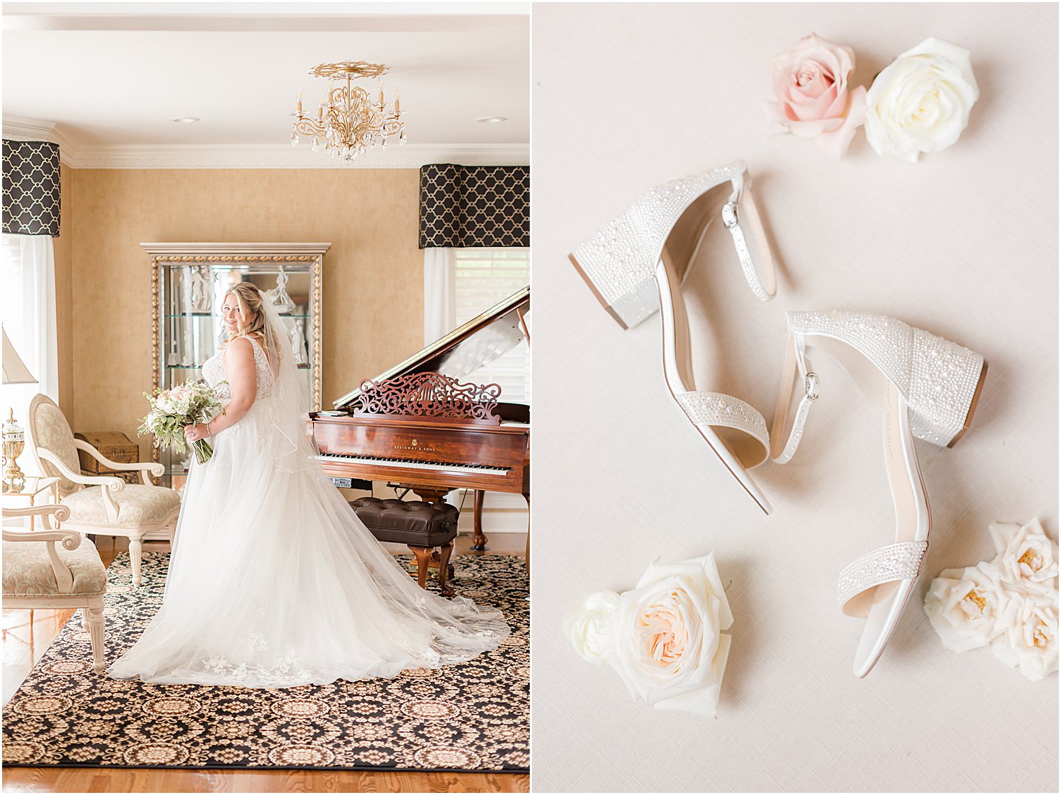 bride stands by piano at home in classic wedding gown with veil