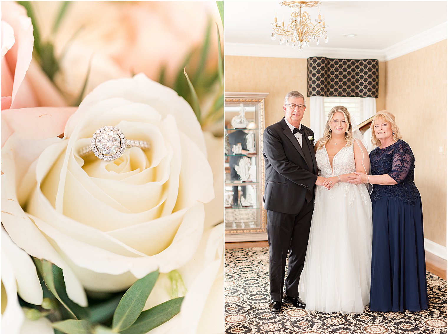 bride poses with parents in Philly home during wedding prep