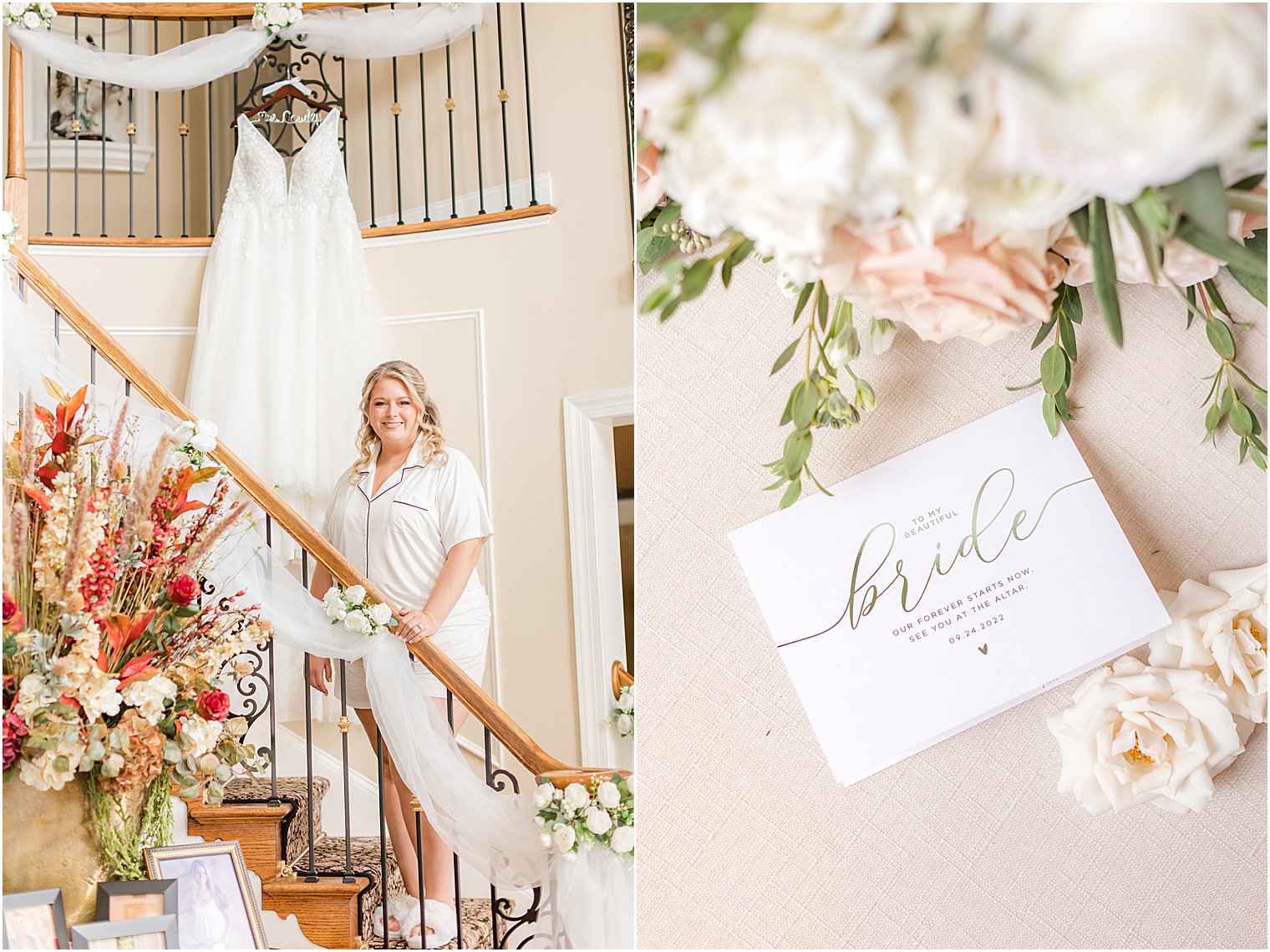 bride stands on staircase with wedding dress hanging behind her