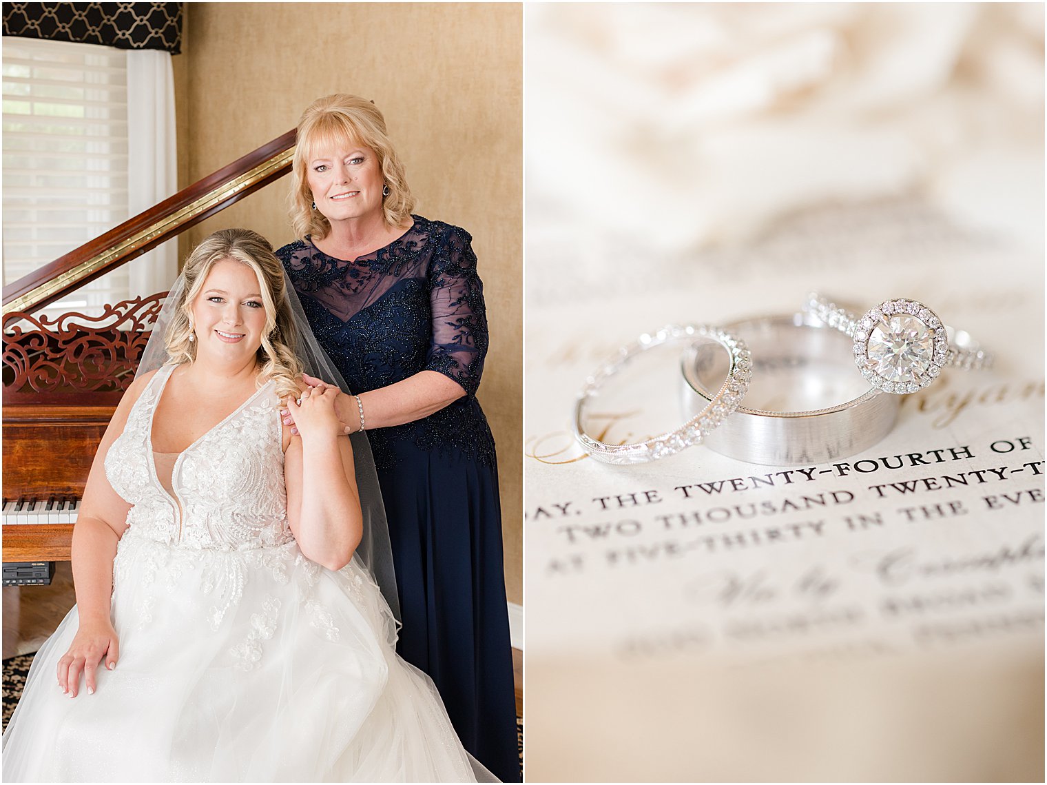 mother of bride stands behind her by piano at home on morning of Philly wedding