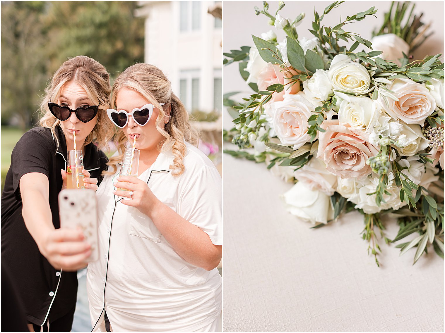 bride and bridesmaid take selfie on morning of Philly wedding