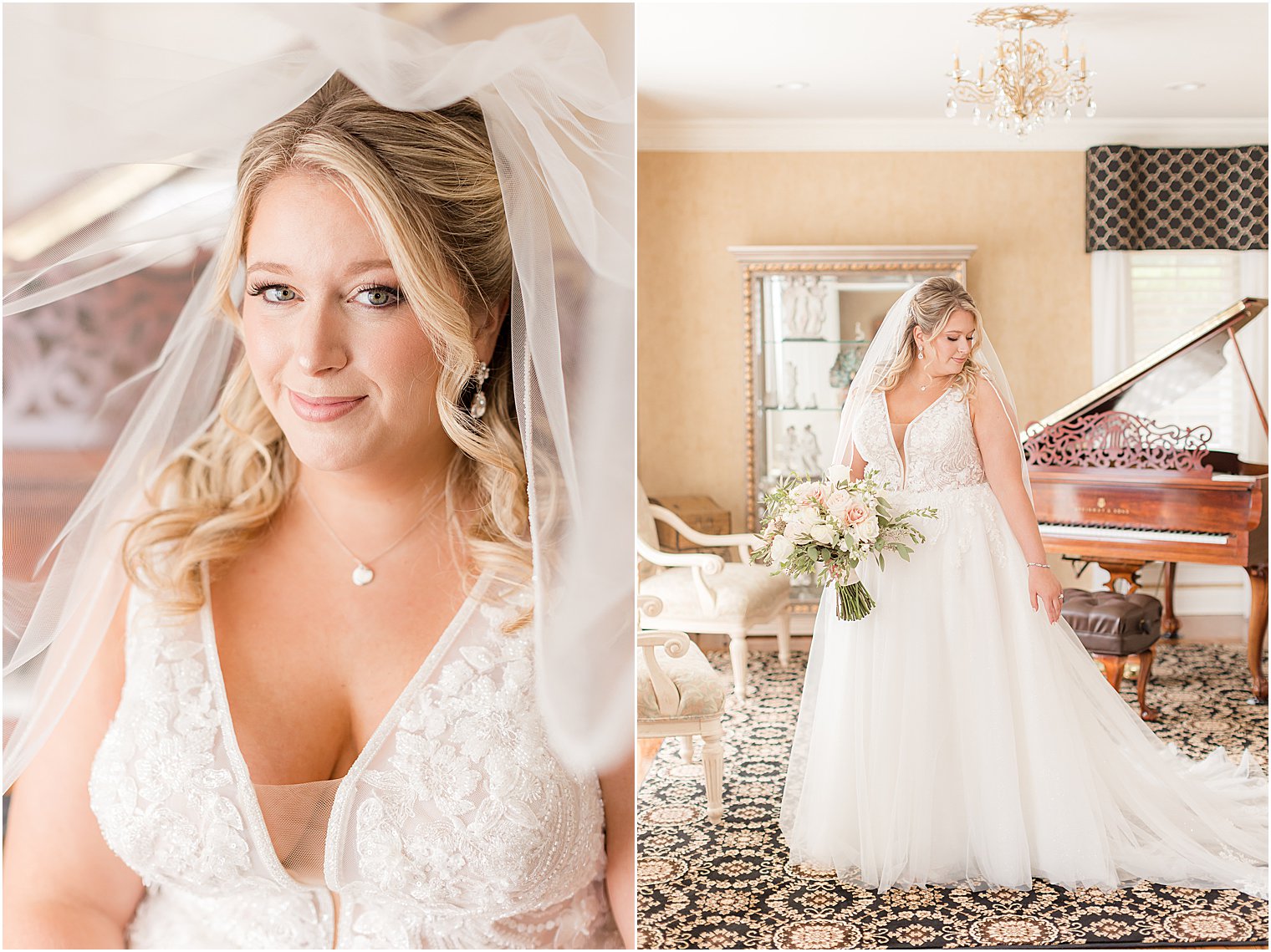 bride poses under veil during portraits at home