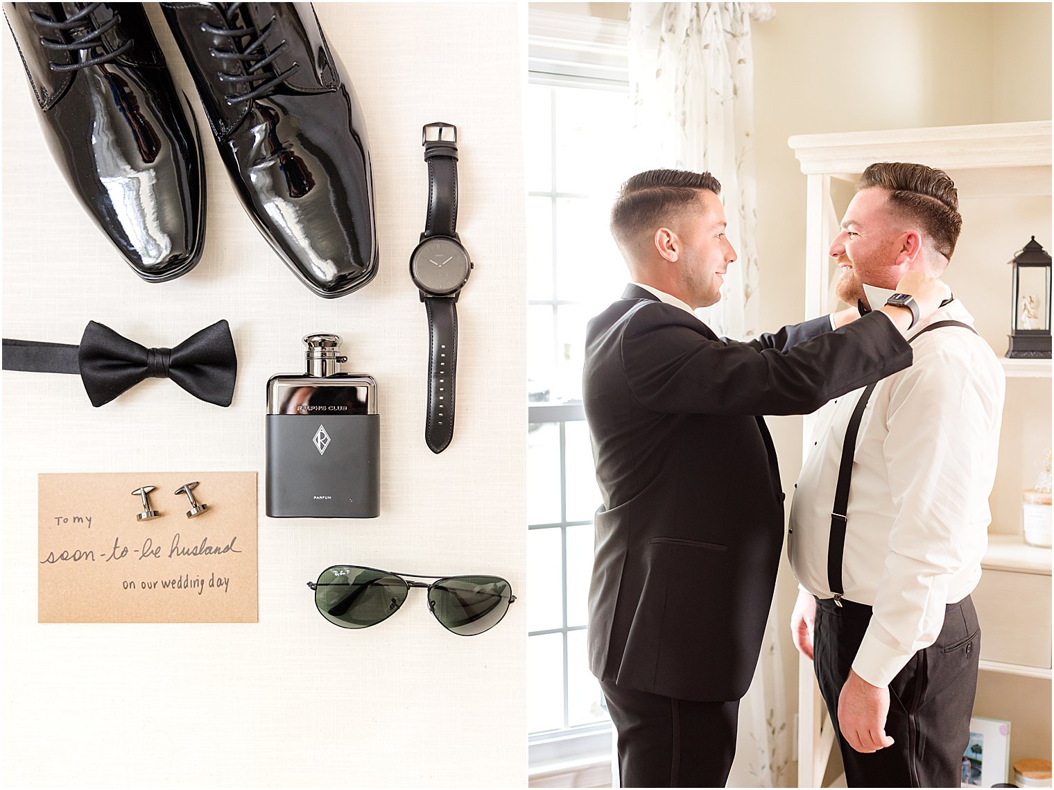 groomsman helps groom with bowtie at Philly home
