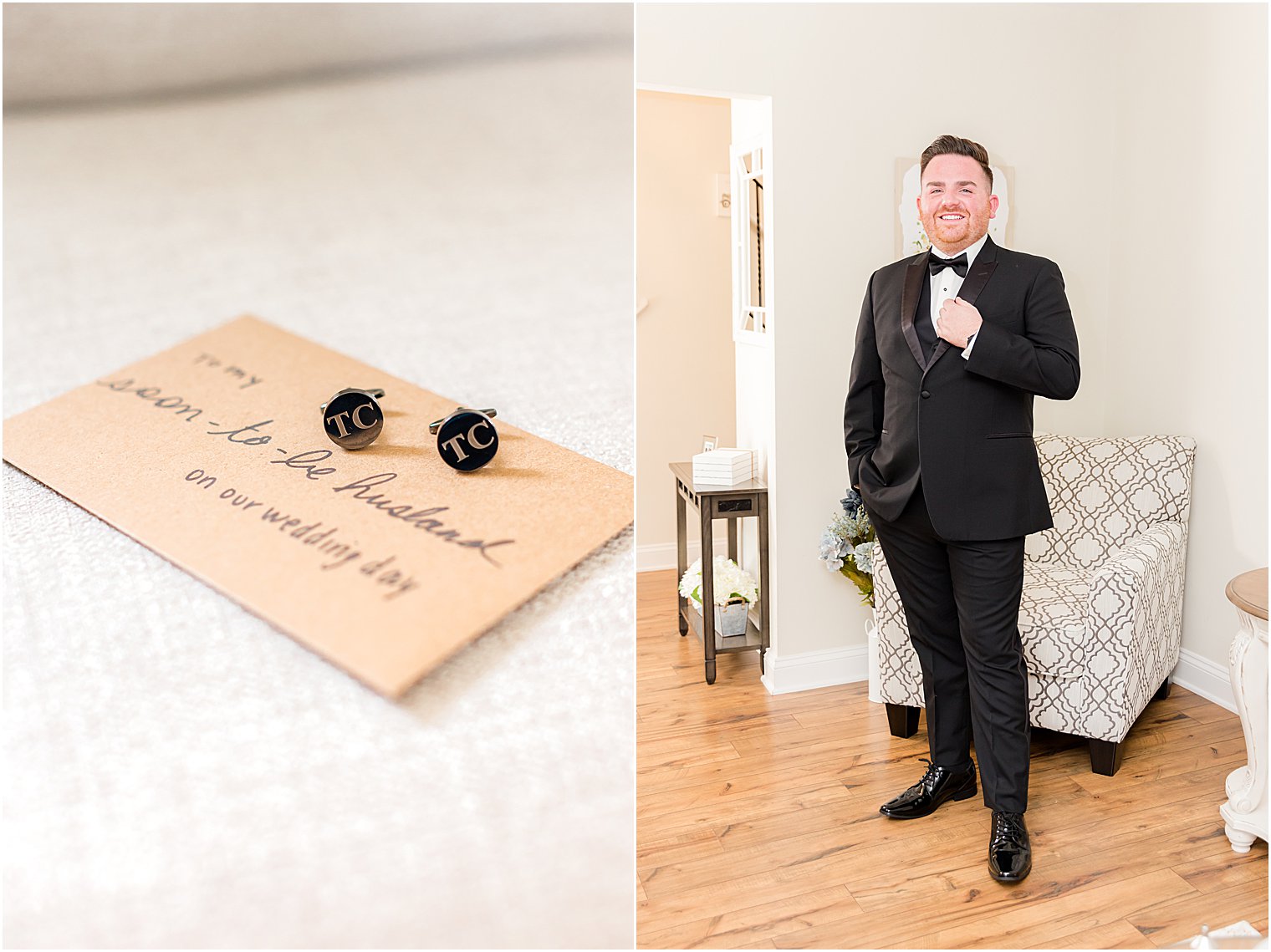 groom stands in black suite with custom cufflinks