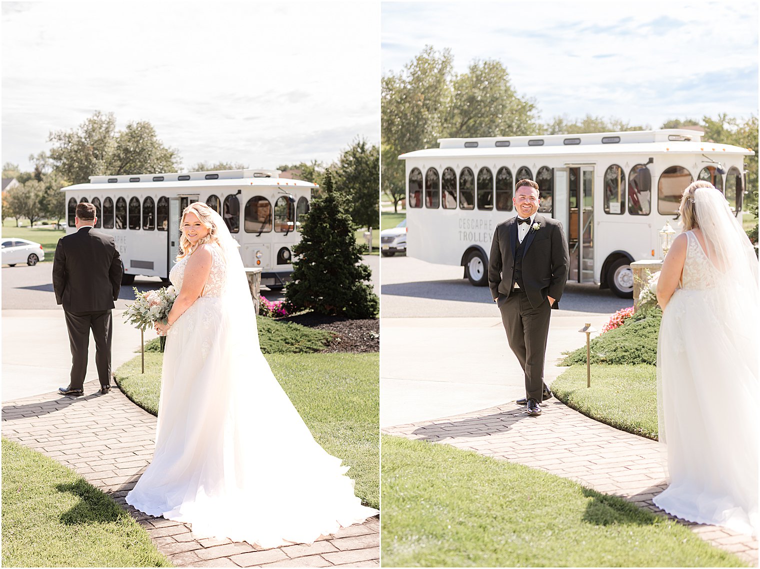 bride approaches groom for first look with trolley in background