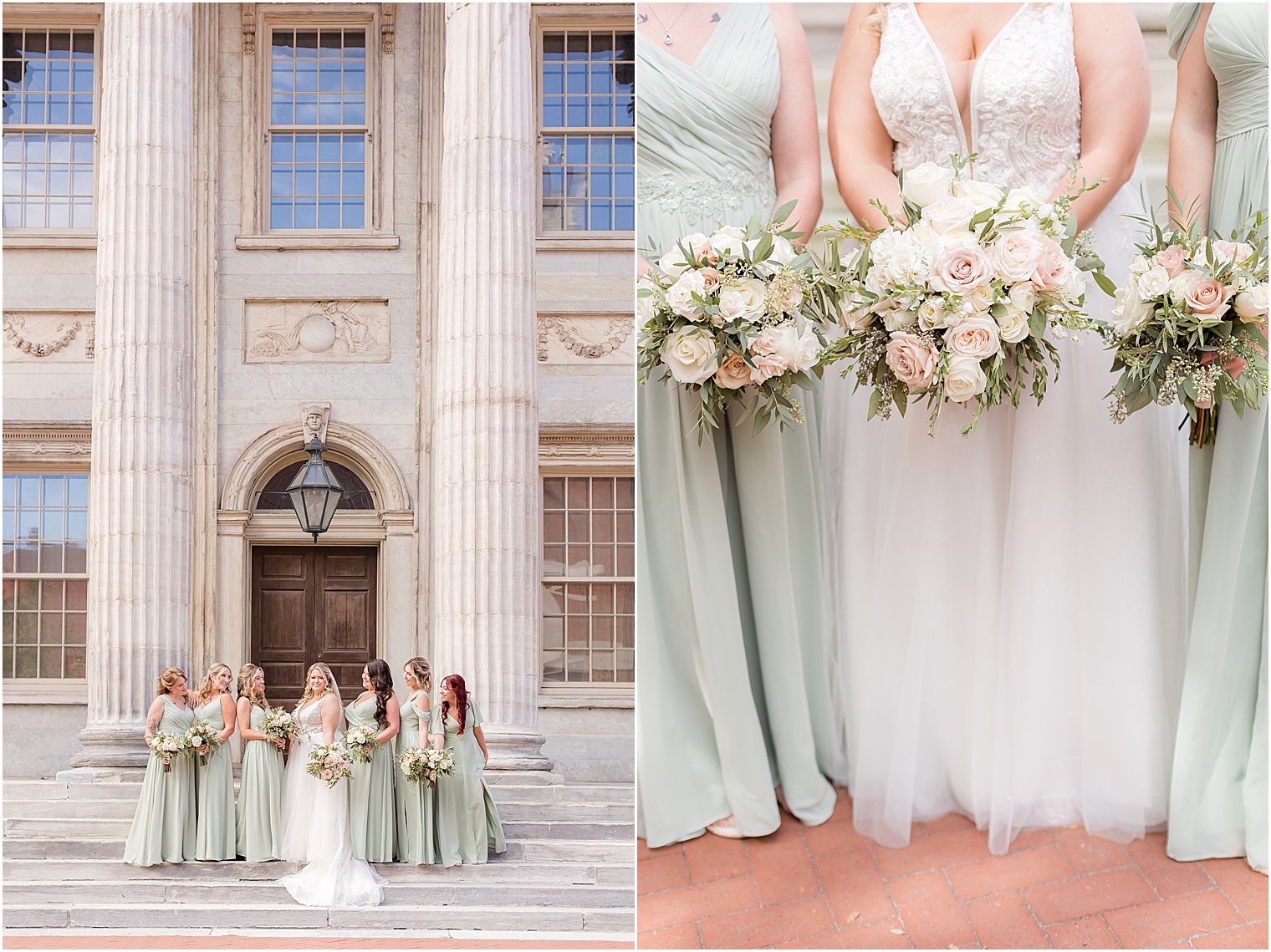 bride stands with bridesmaids by columns at the First National Bank