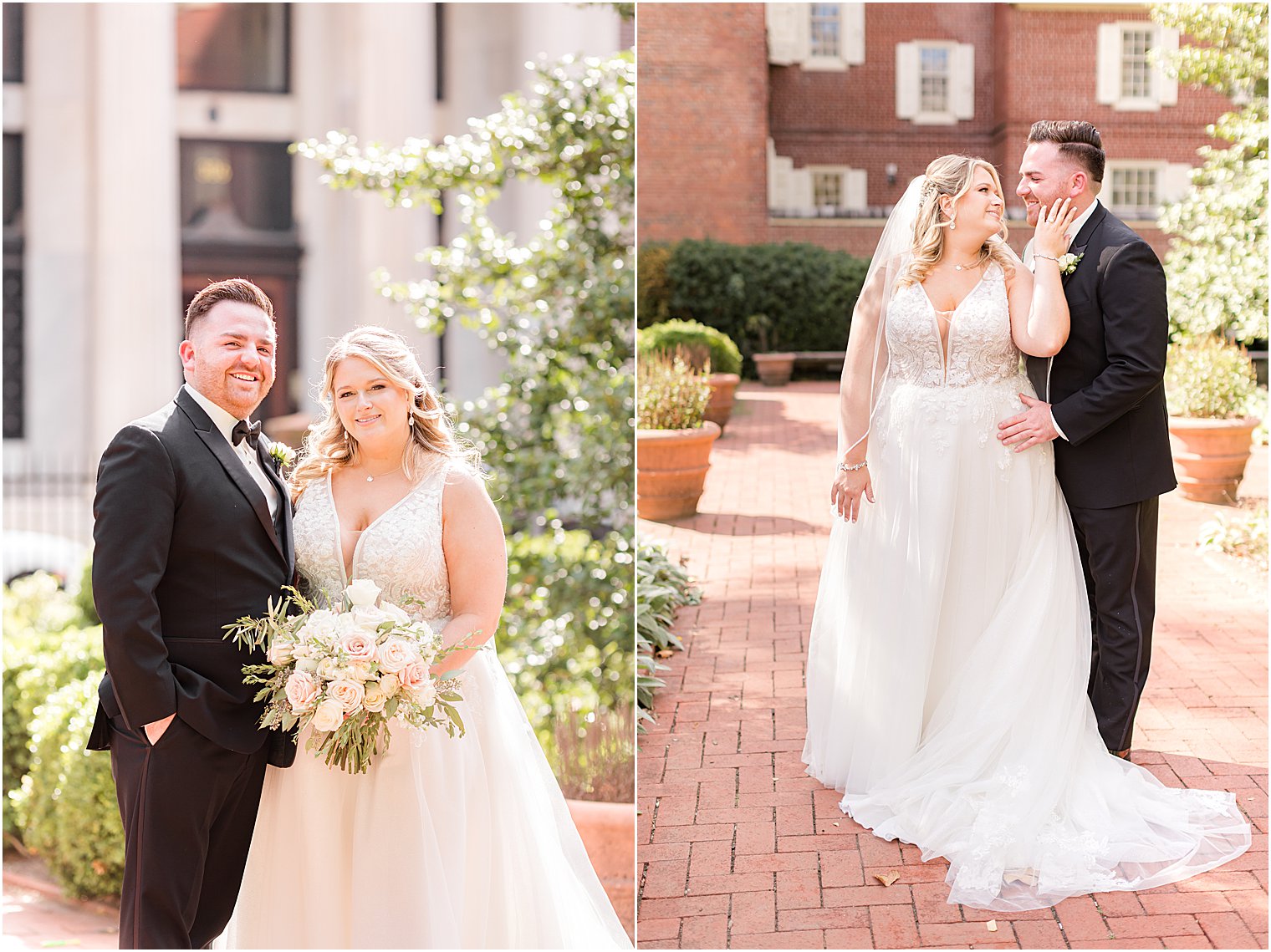 bride and groom walk on brick patio at Benjamin Rush Gardens