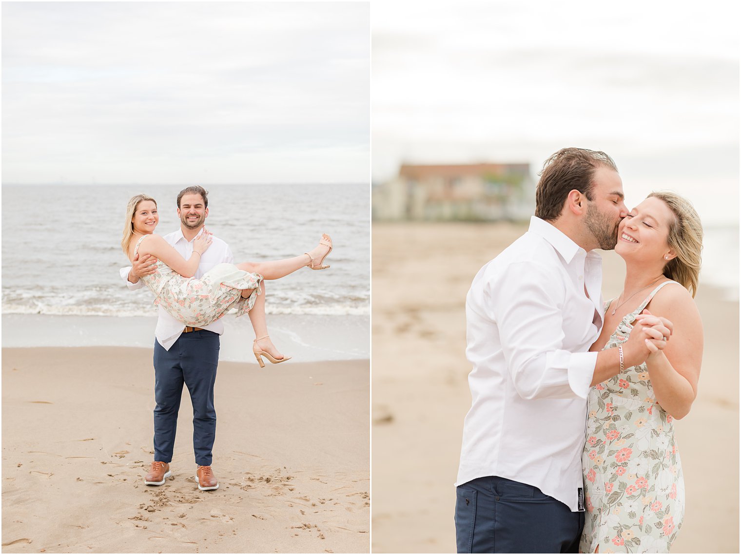 groom kisses bride's cheek during Union Beach engagement session 