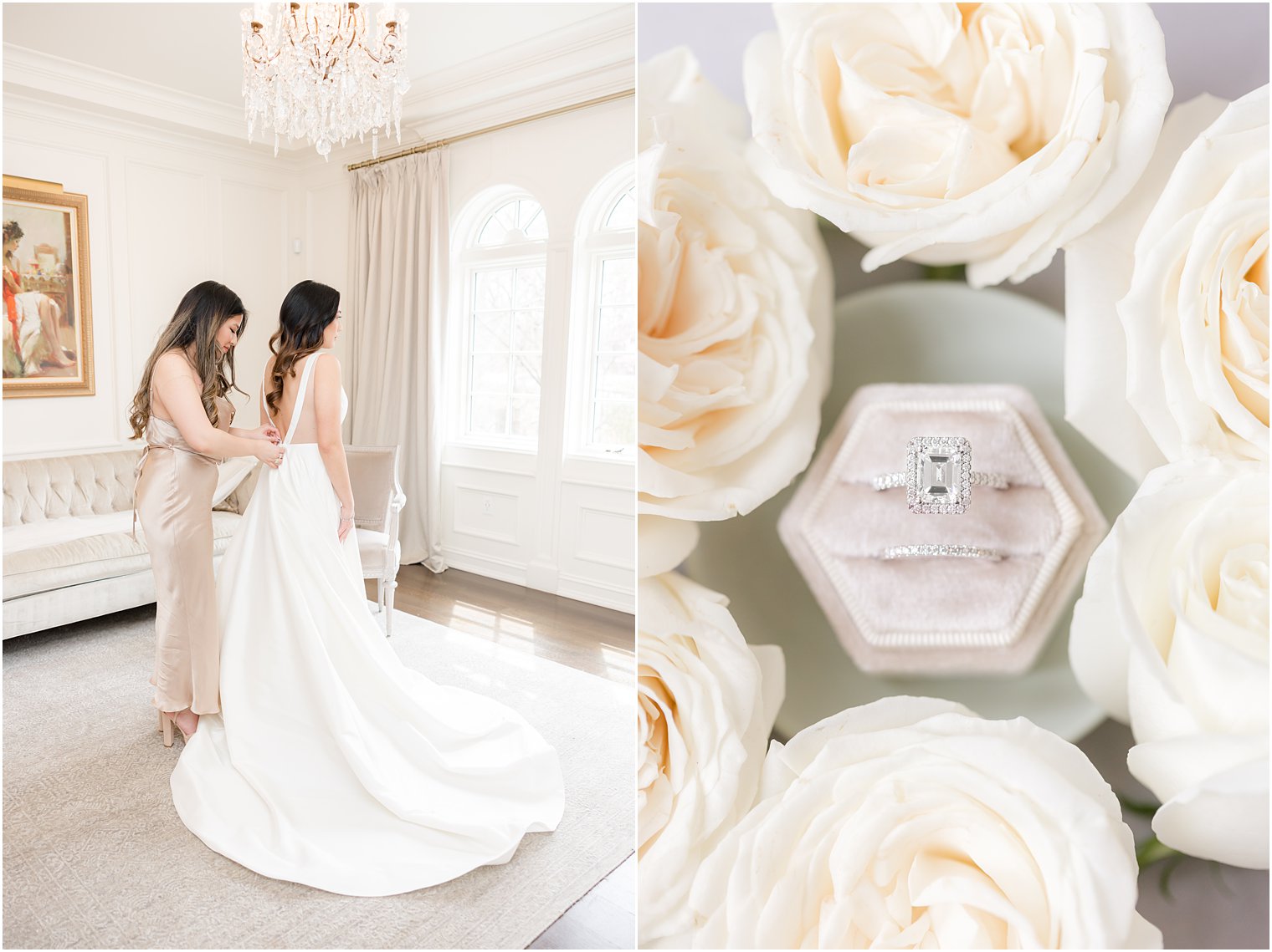 bridesmaid helps bride into wedding dress in bedroom at Nanina's in the Park