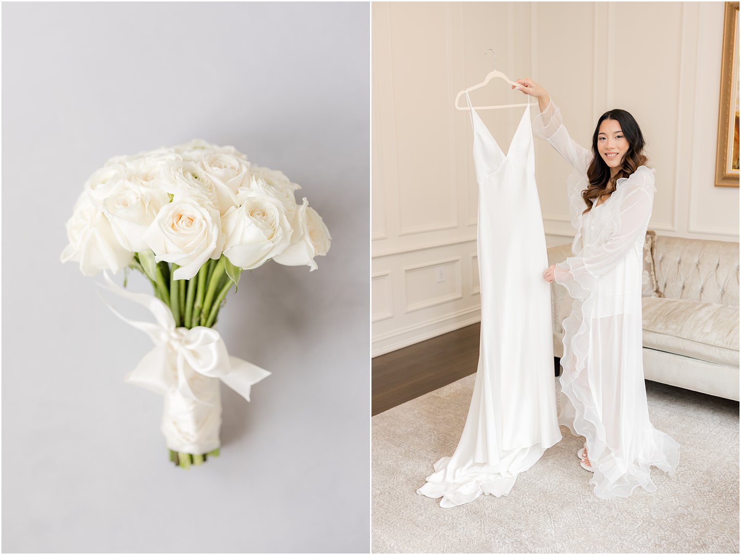 bride holds up wedding dress on hanging in suite at Nanina's in the Park