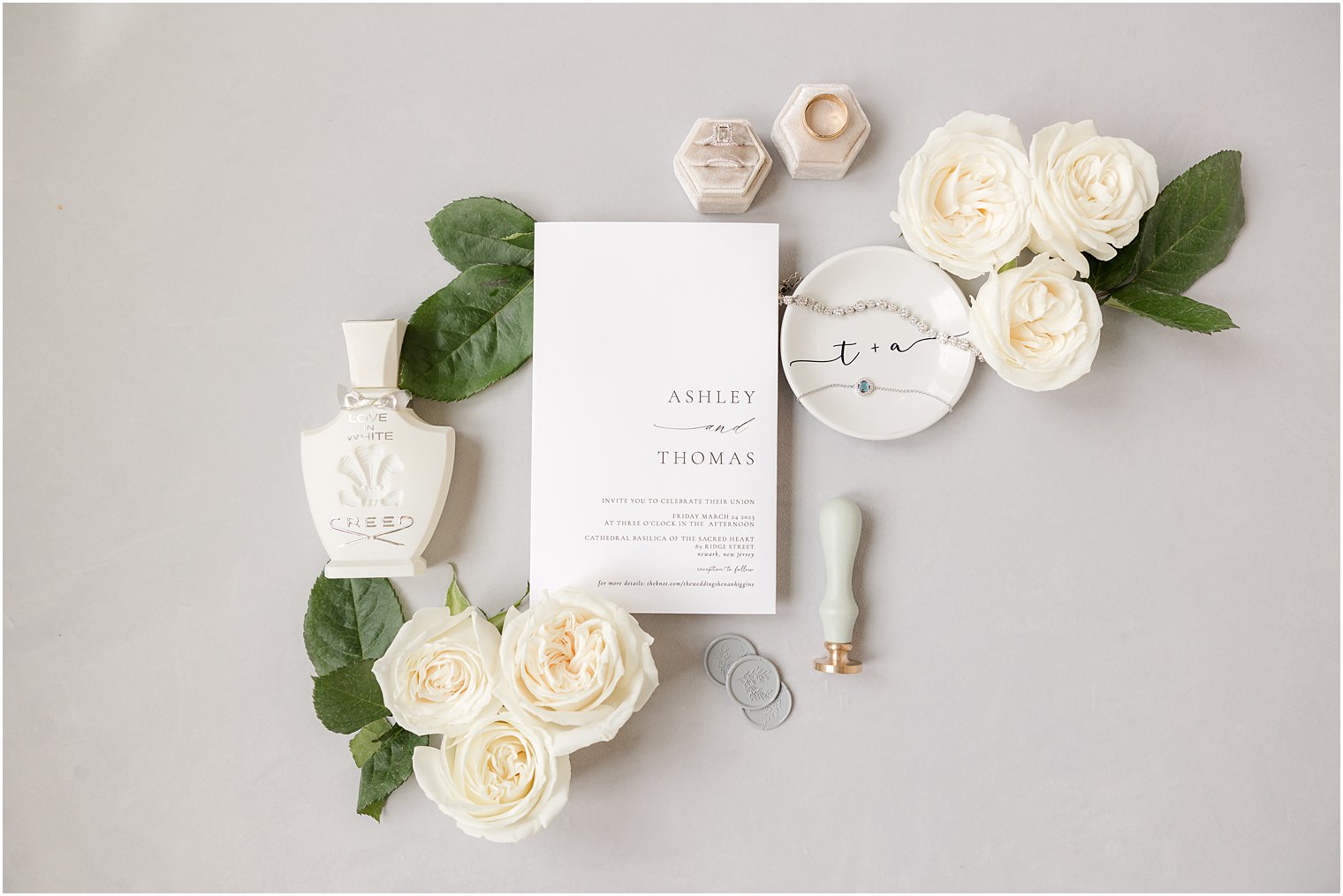 invitation suite with ivory roses for summer wedding