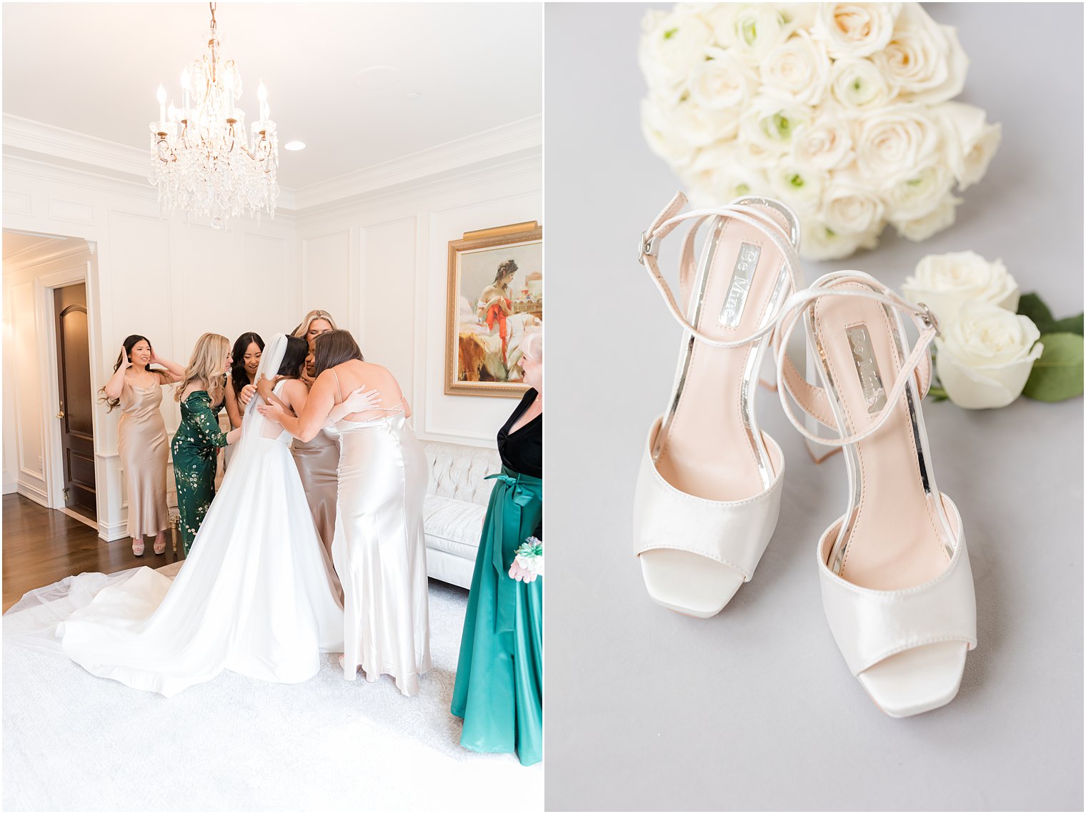 bride hugs bridesmaids during first look 