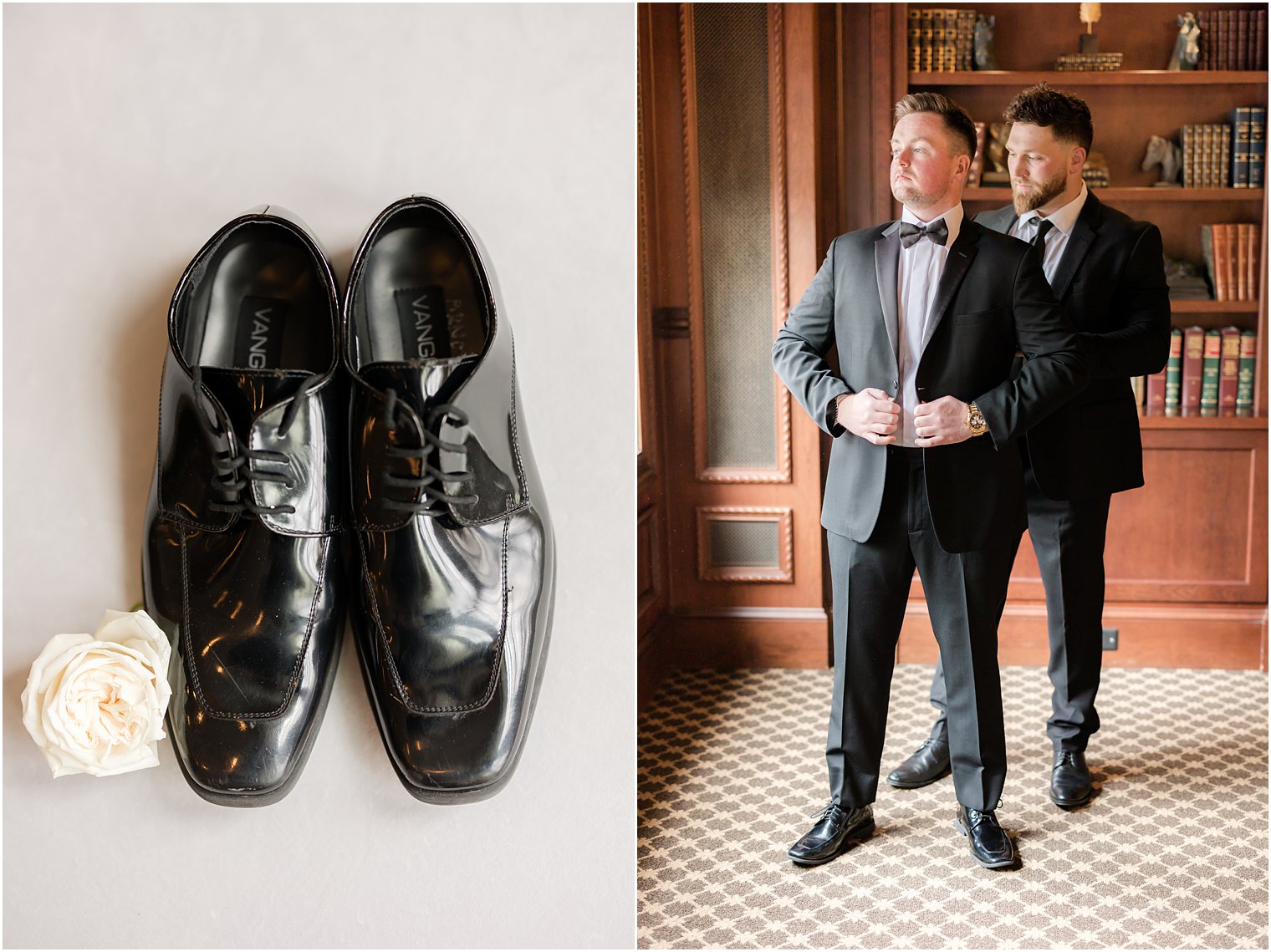 groomsman helps groom into suit jacket 