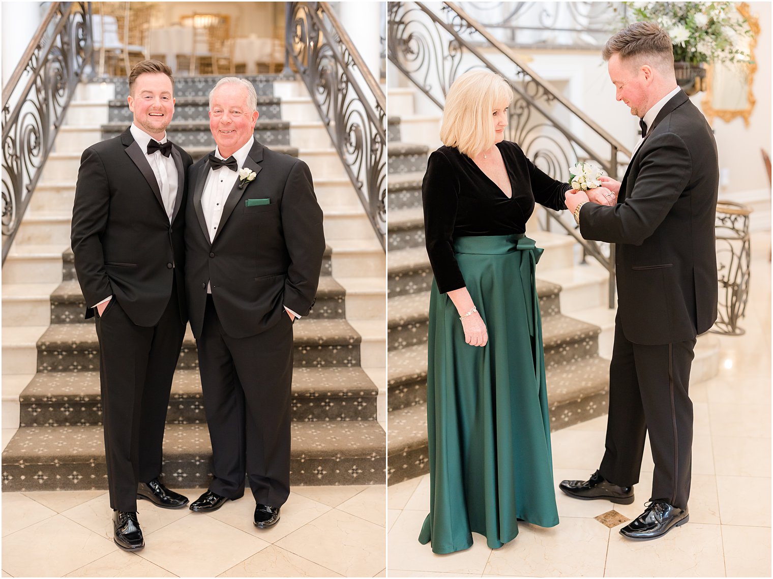 groom poses with parents and gives mother corsage 
