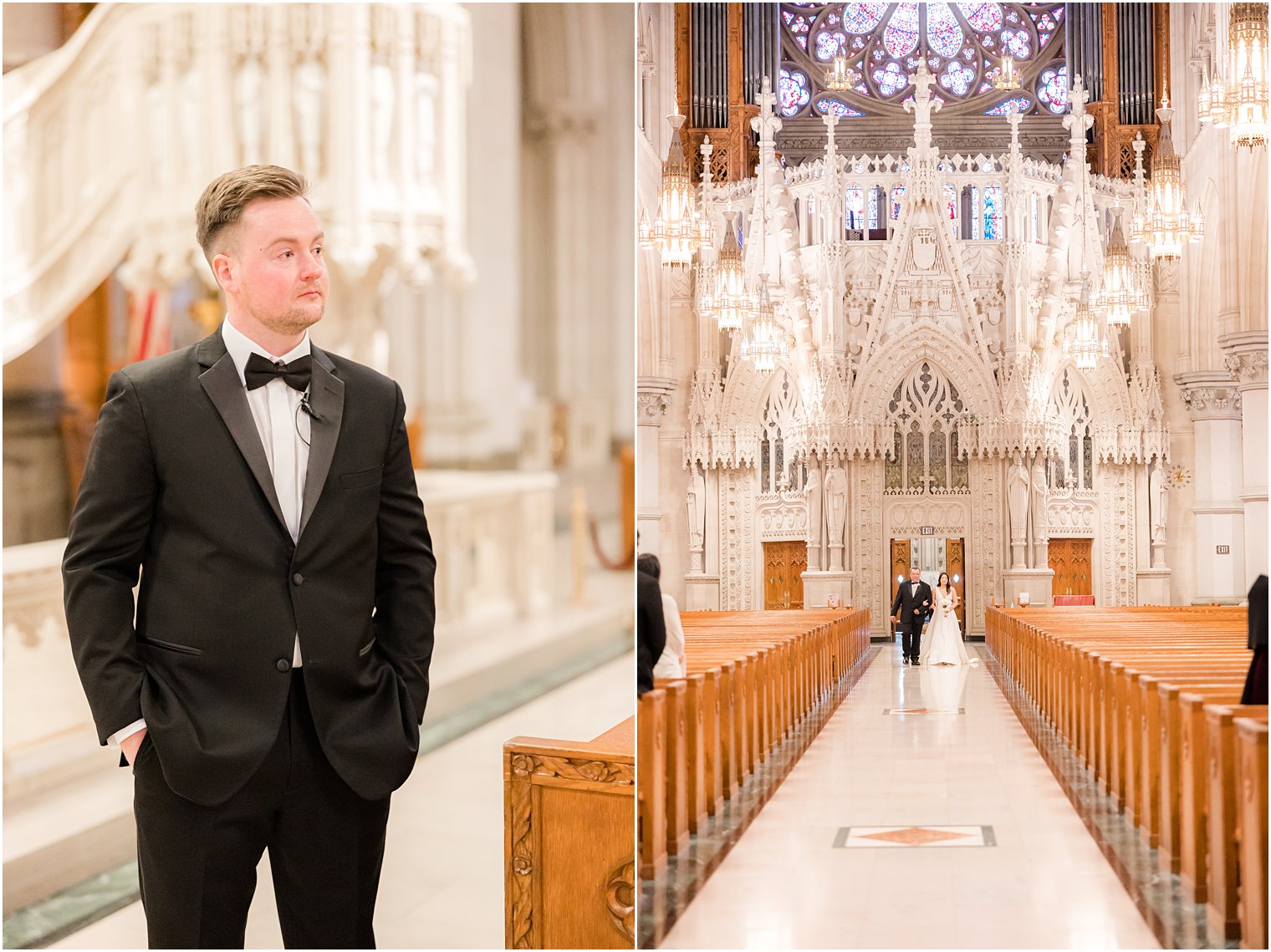groom watches bride walk down long aisle at The Cathedral Basilica of the Sacred Heart