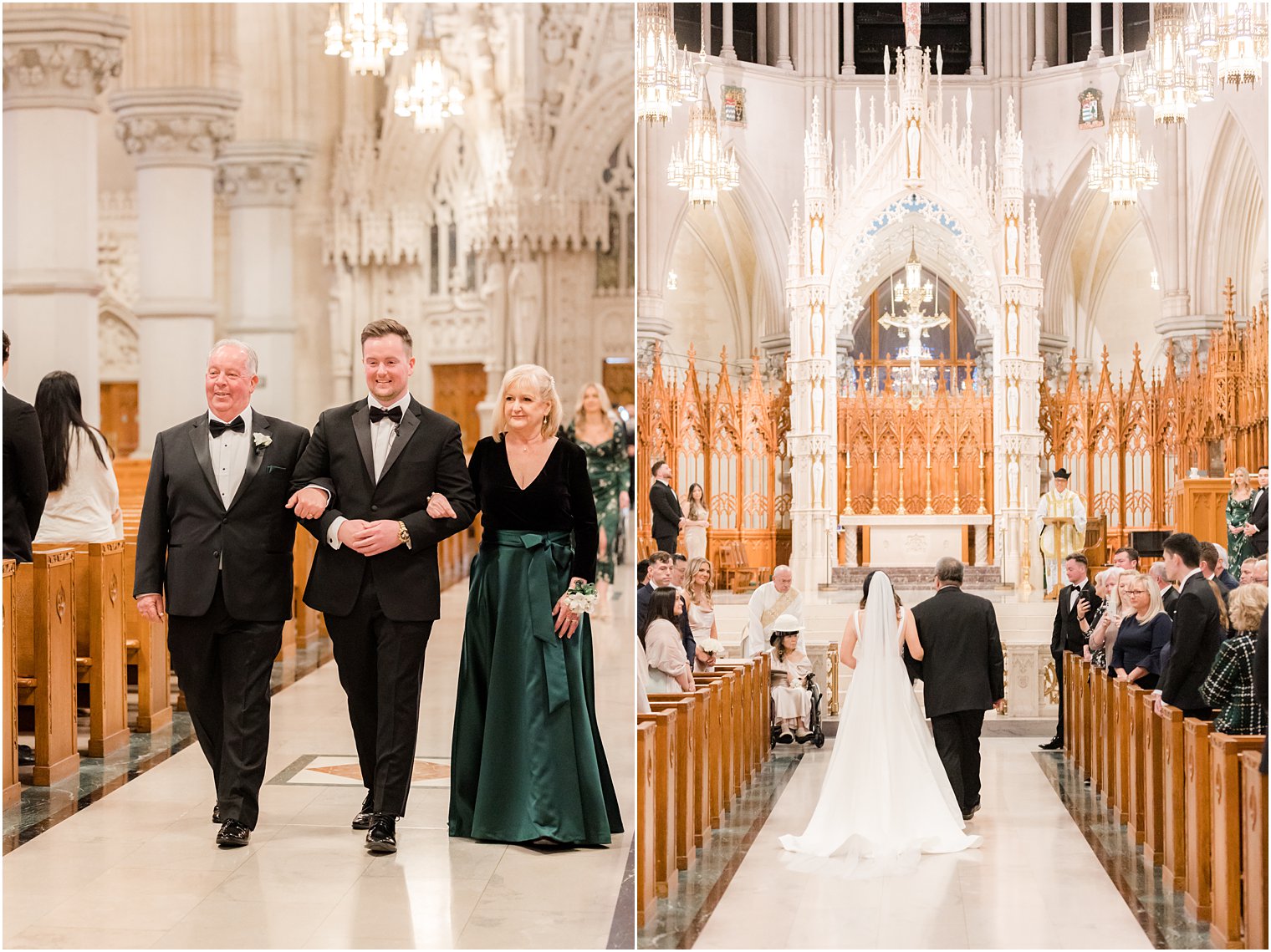 groom and parents walk down aisle for The Cathedral Basilica of the Sacred Heart wedding ceremony 