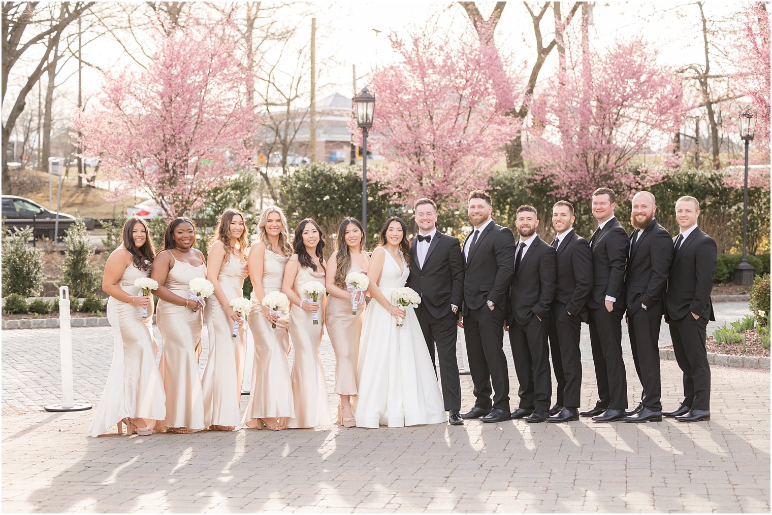 bride and groom pose with wedding party in Newark NJ