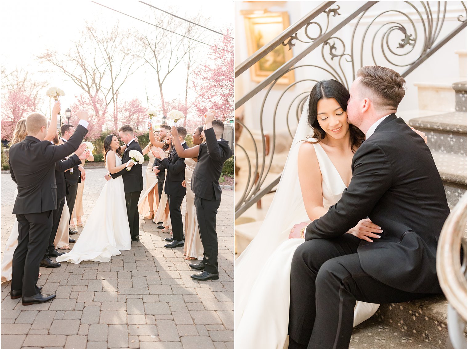 bride and groom kiss by pink blooms outside Nanina's in the Park