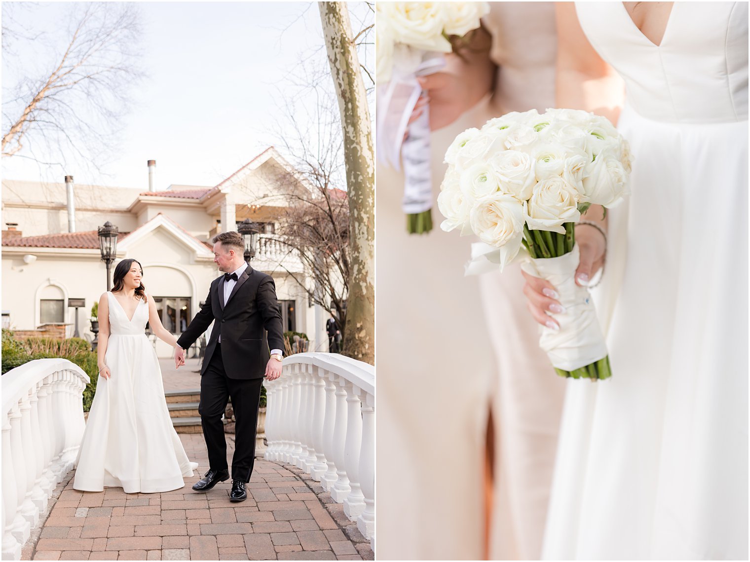 bride and groom hold hands walking over bridge at Nanina's in the Park