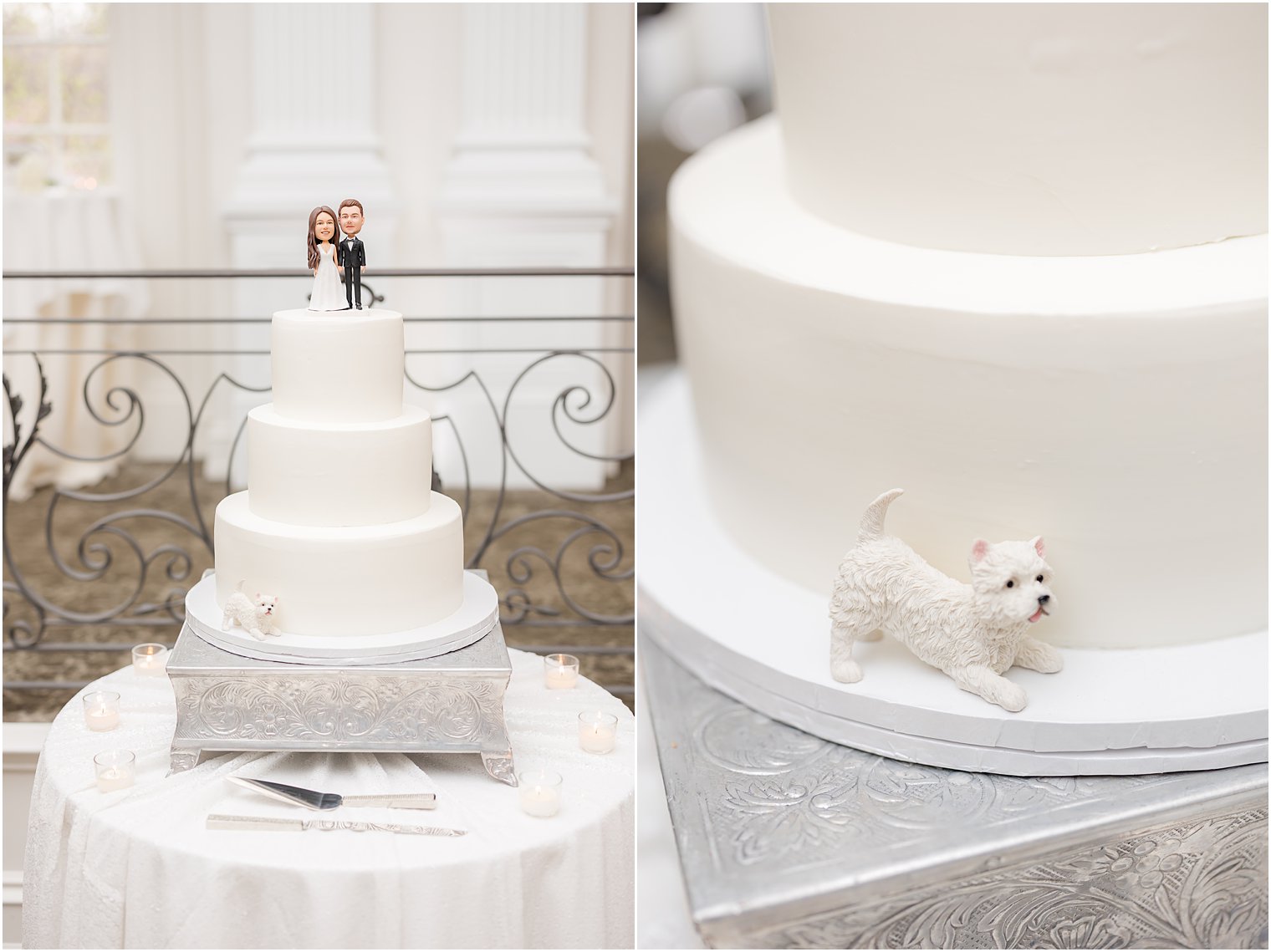 wedding cake with bobble heads and dog on bottom 