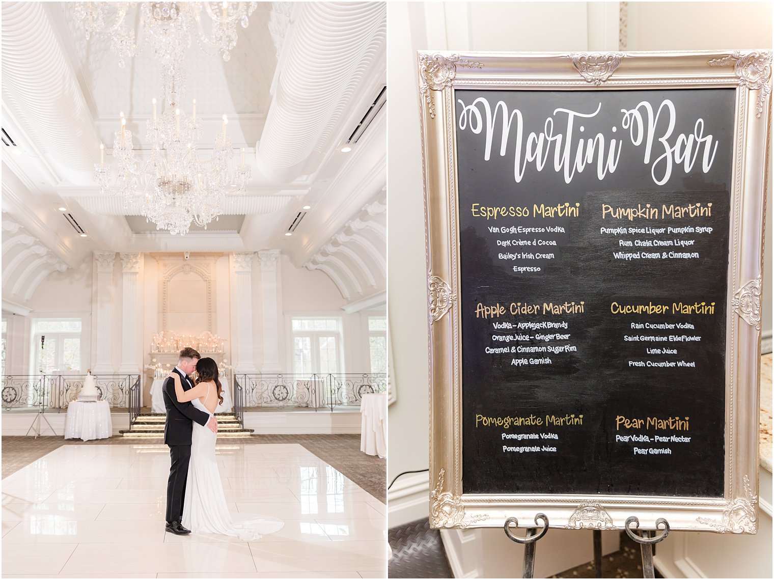bride and groom hug in ballroom next to drink sign 