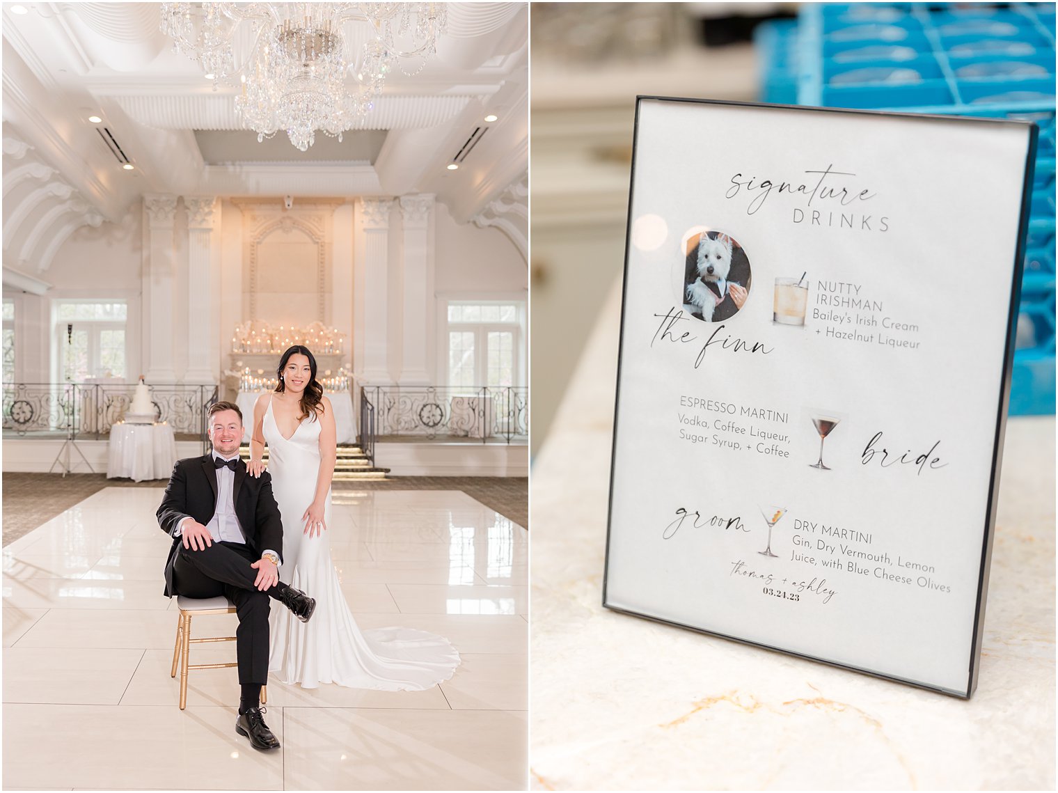 bride and groom pose by signature drink sign 