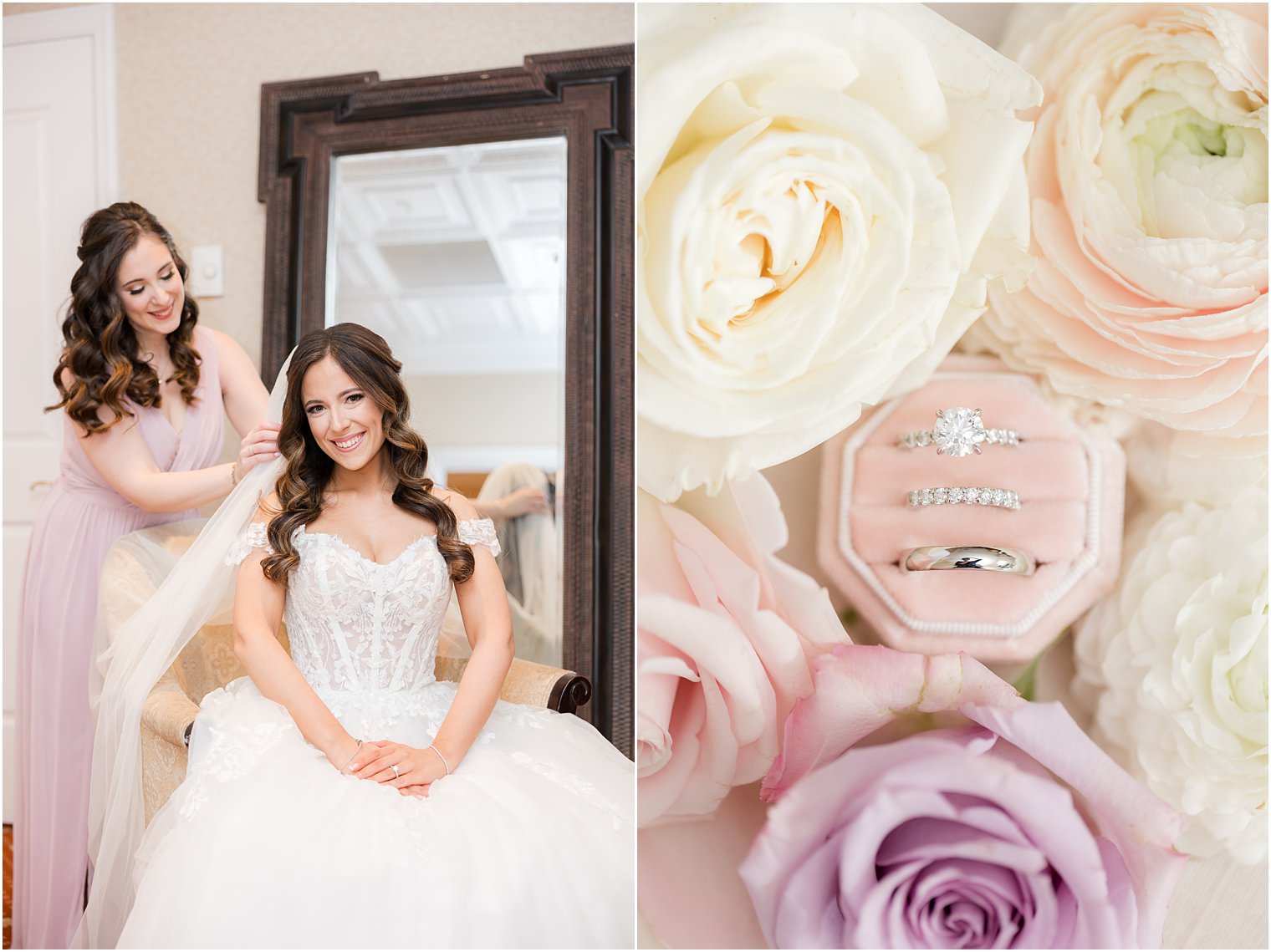 bride prepares for wedding day with bridesmaid who places veil in hair 