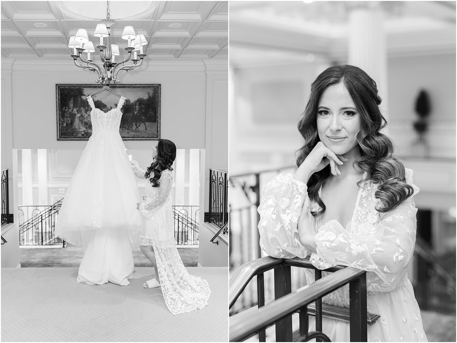 black and white portrait of bride leaning on railing at The Palace at Somerset Park