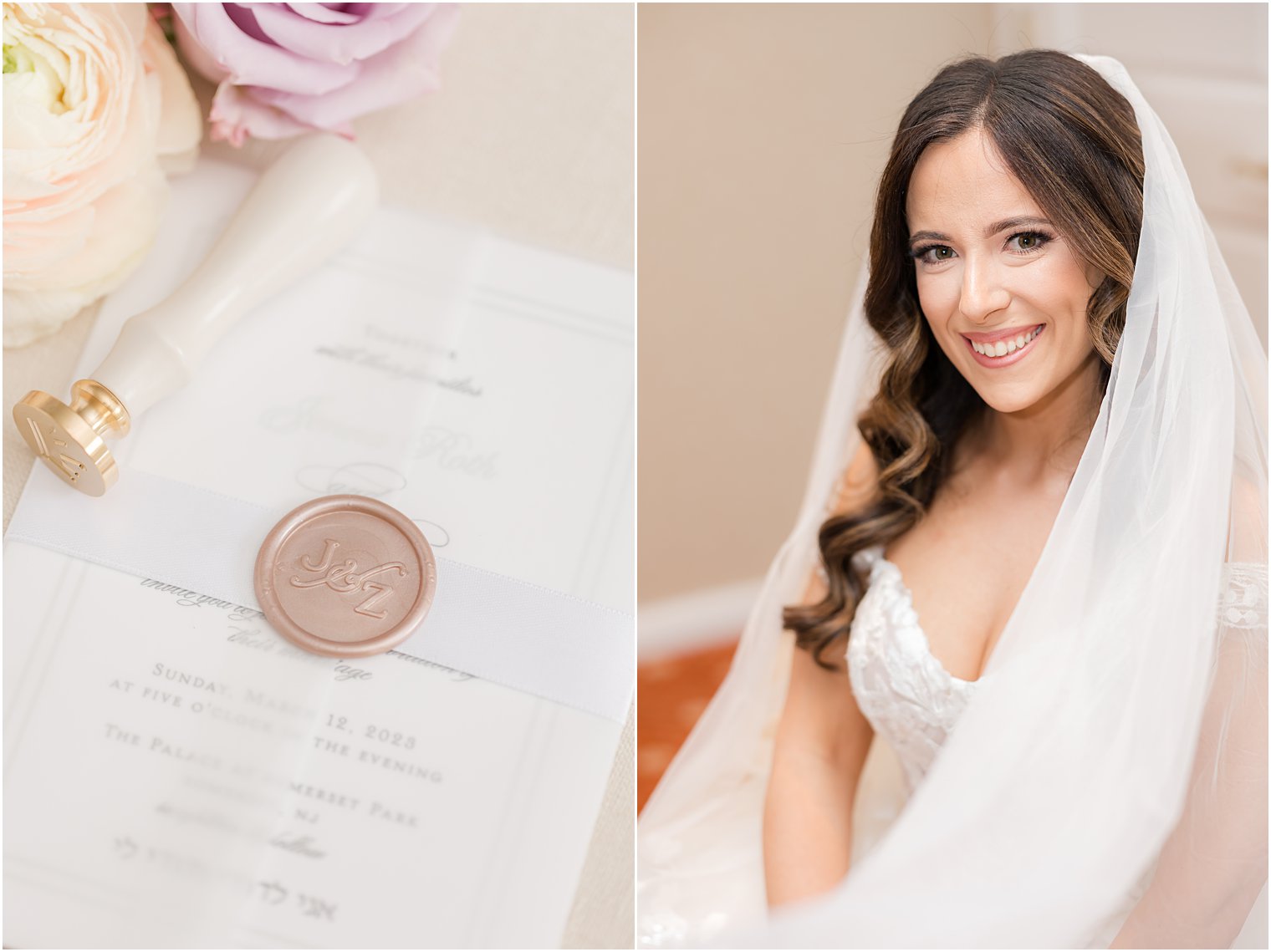 bride sits in strapless gown with veil around shoulder at The Palace at Somerset Park