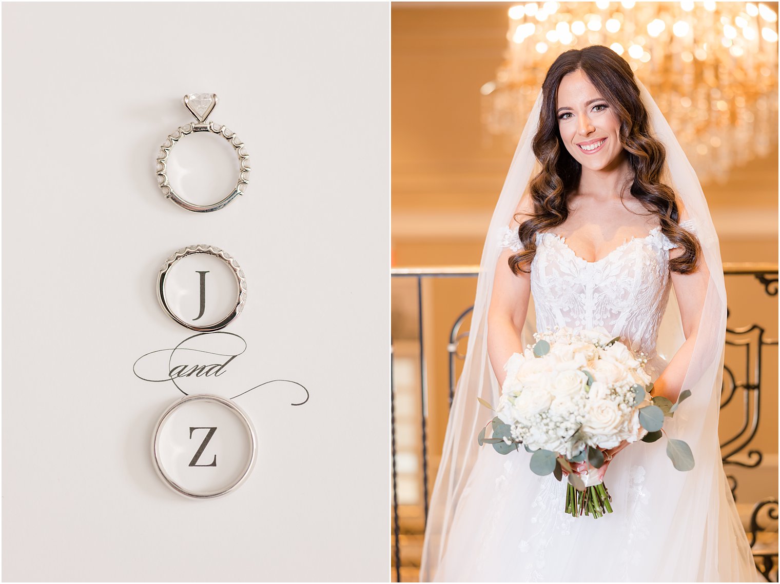 bride in wedding gown with corset bodice and ball gown skirt holds bouquet of ivory roses 