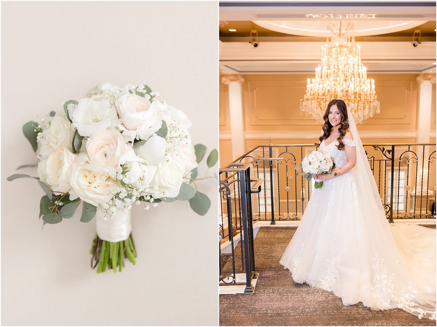 bride stands at top of staircase with ivory bouquet at The Palace at Somerset Park