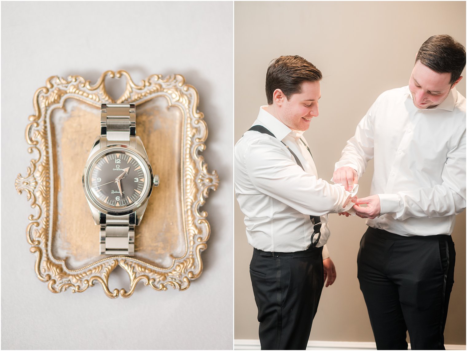 groomsman helps groom with cufflinks 