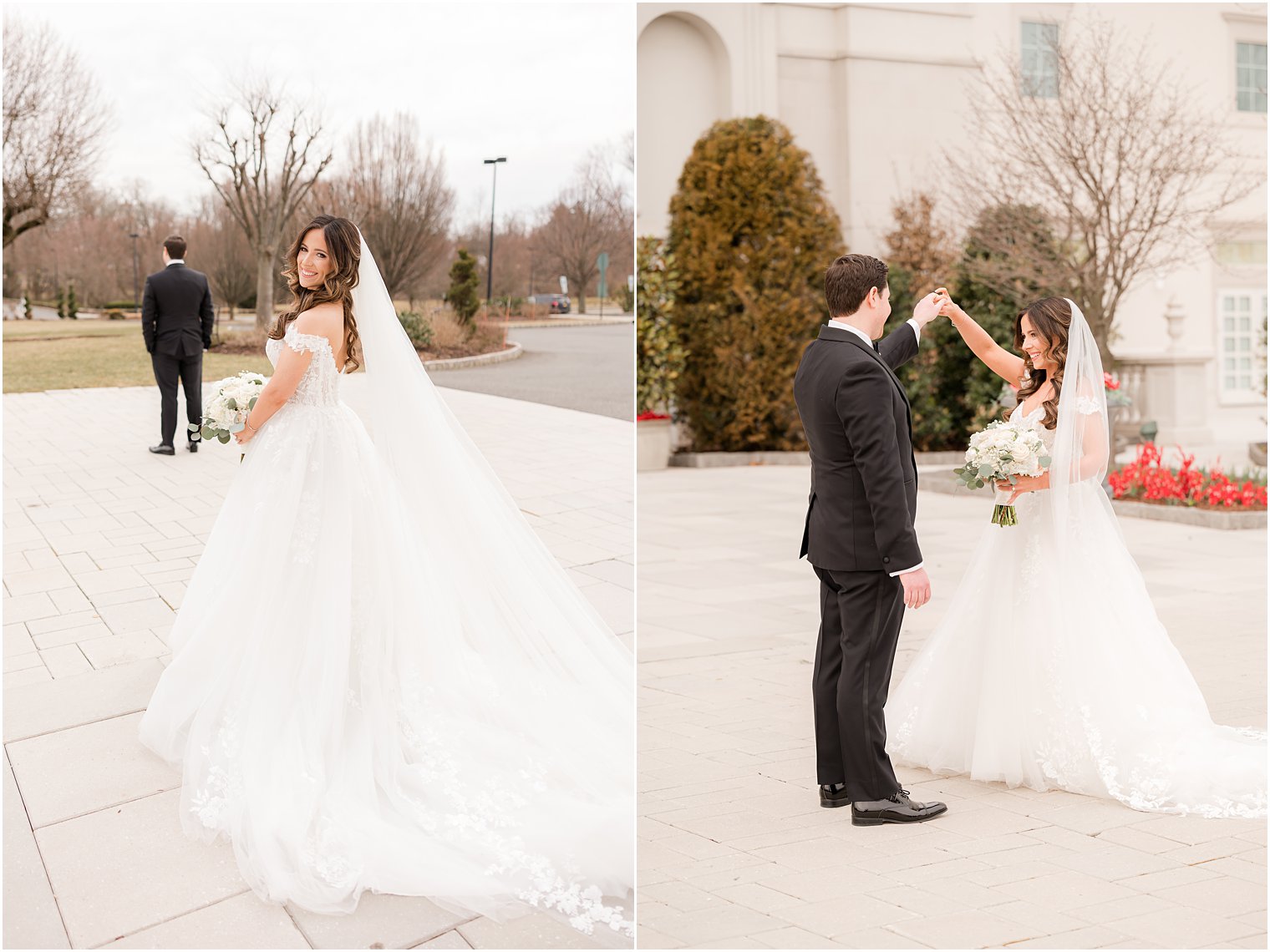 groom twirls bride during first look outside the Palace at Somerset Park
