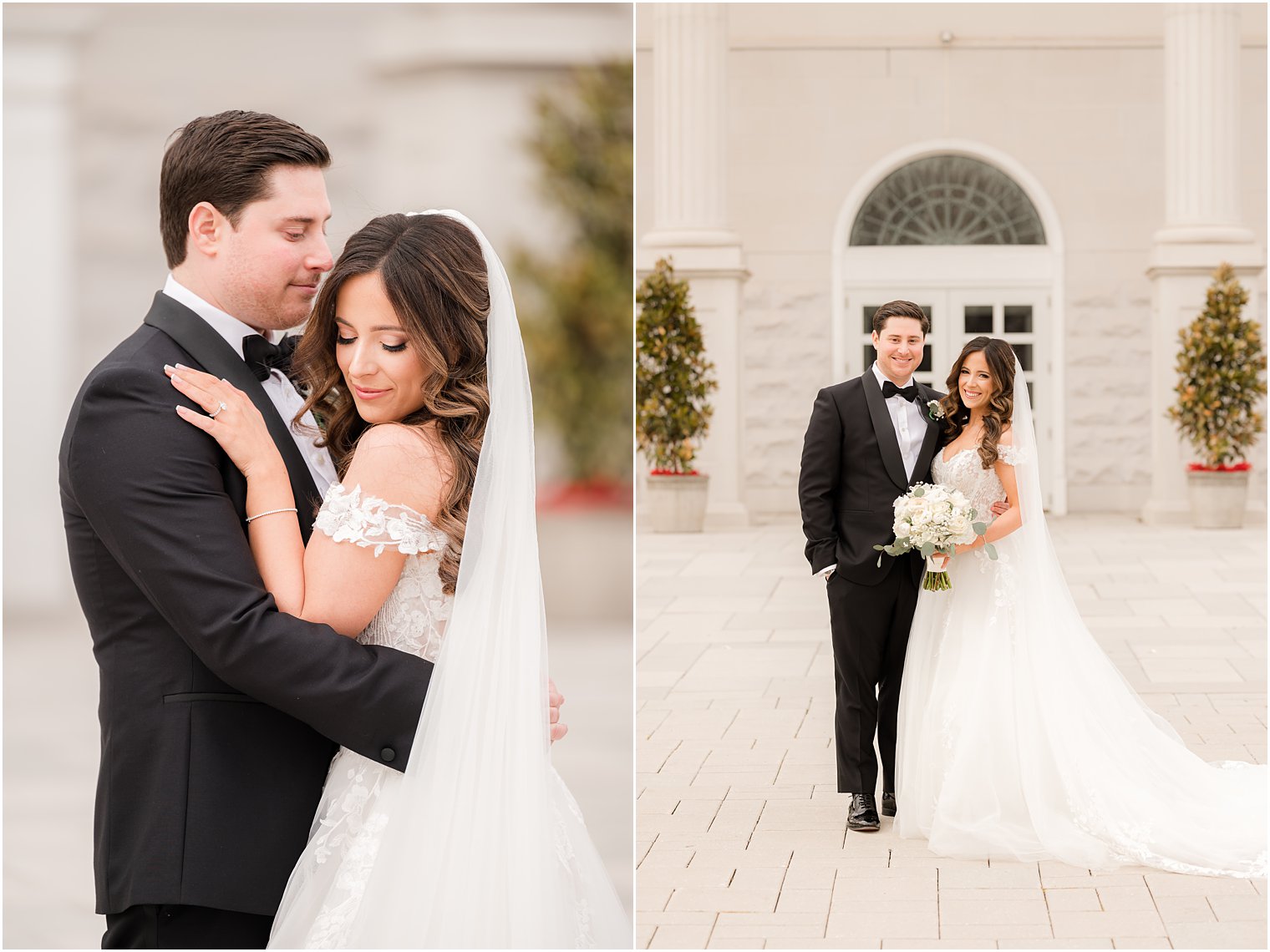 groom in black suit hugs bride to him by white brick at the Palace at Somerset Park