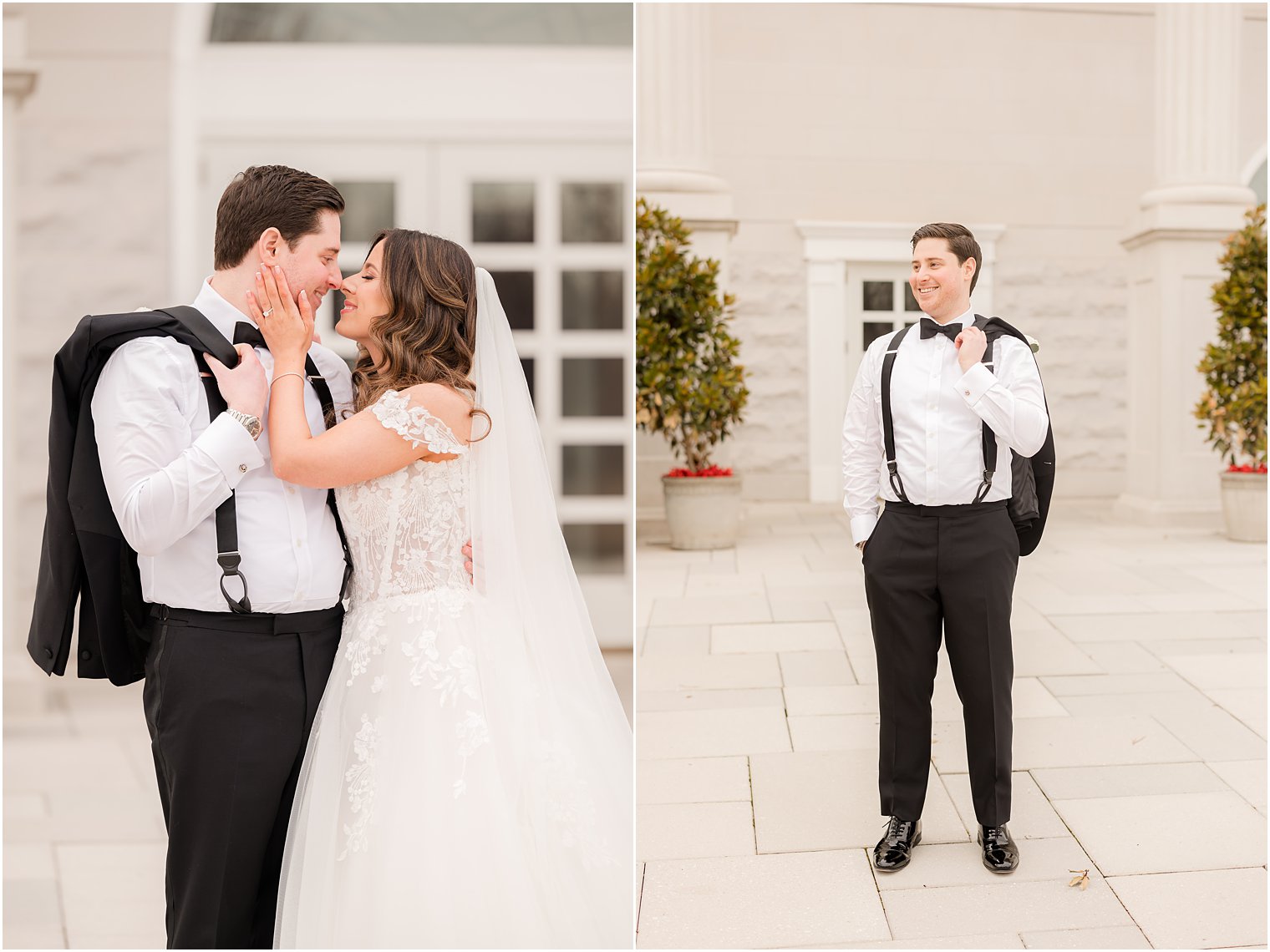 bride leans to kiss groom while he holds jacket over his shoulder 