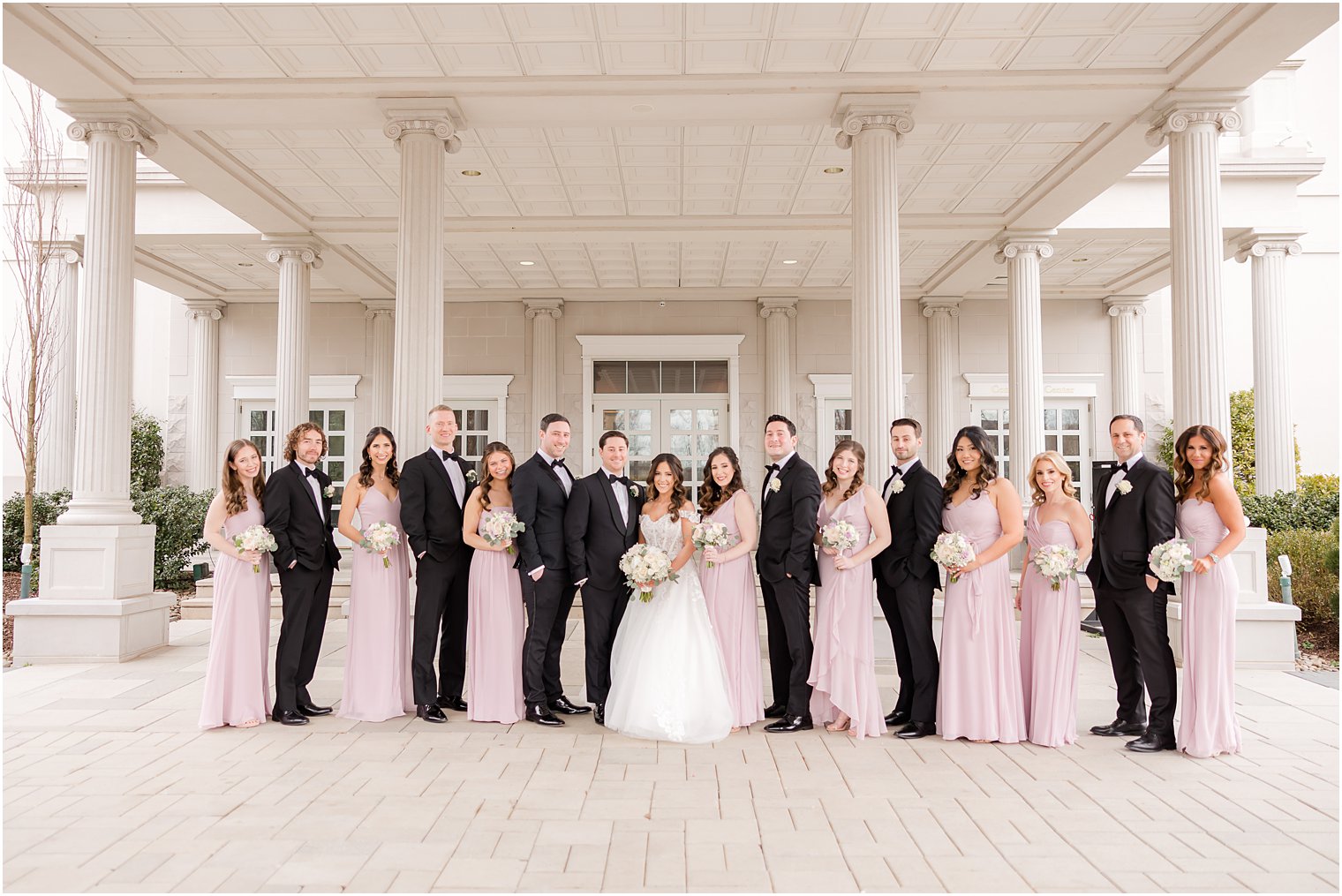 bride and groom pose with wedding party under awning at the Palace at Somerset Park