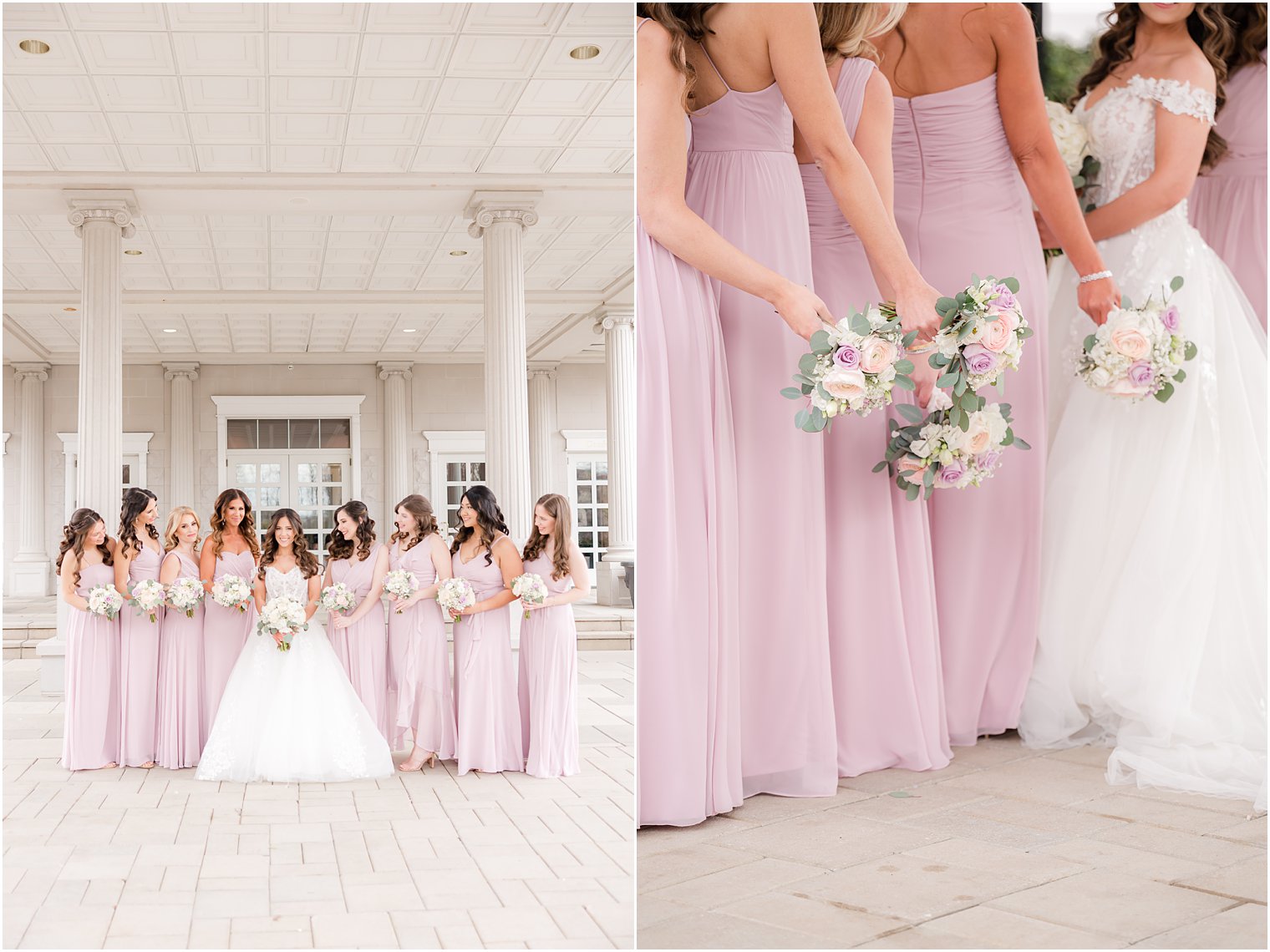 bridesmaids in pastel pink gowns hold bouquets down by hips