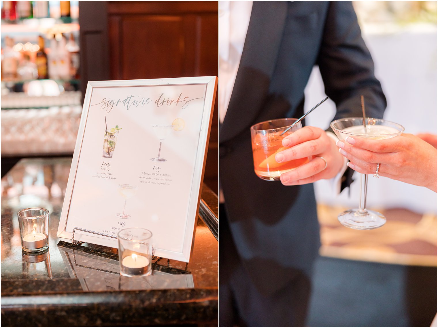 bride and groom toast signature cocktails by the bar at the Palace at Somerset Park