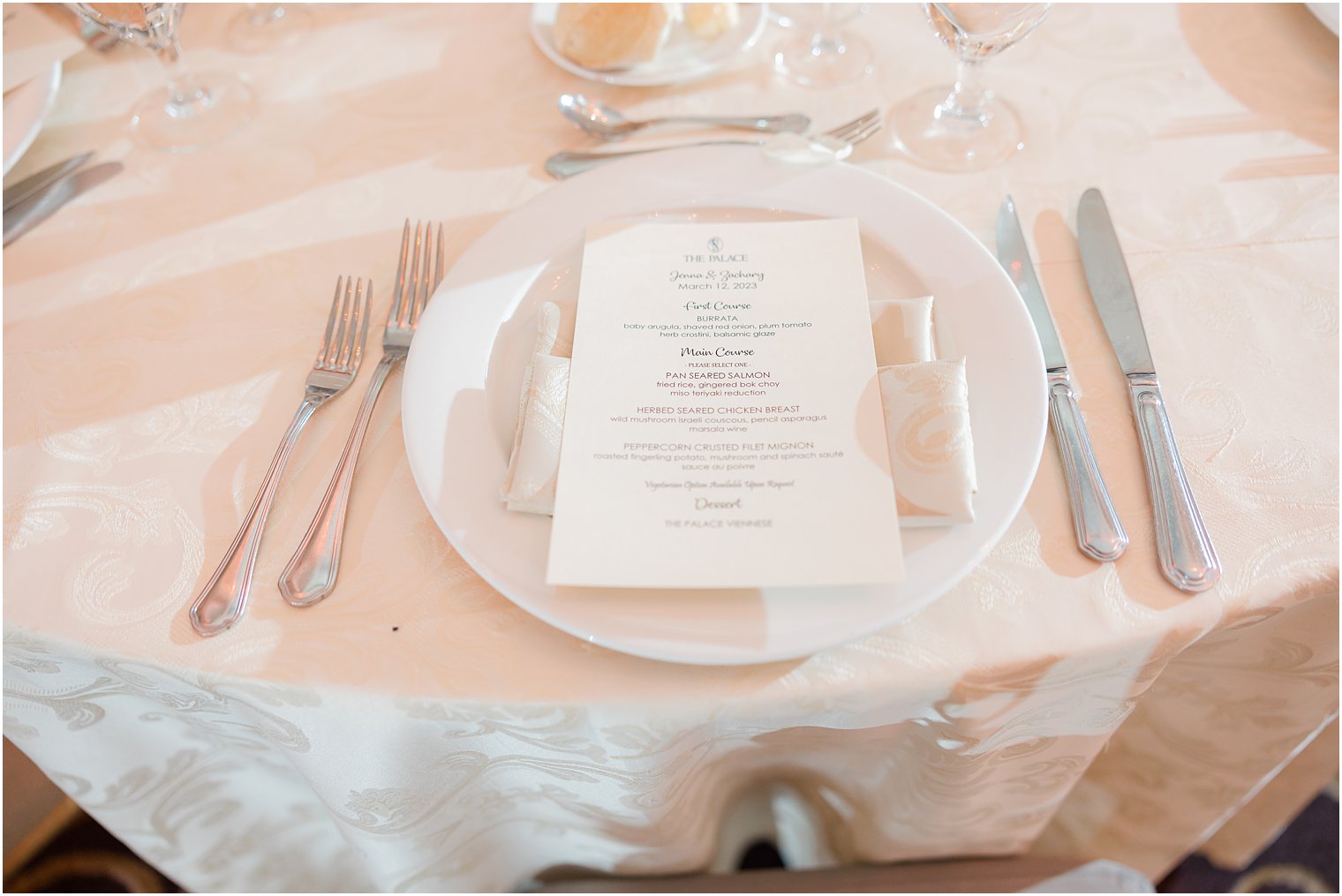 white plate with menu card on top at the Palace at Somerset Park