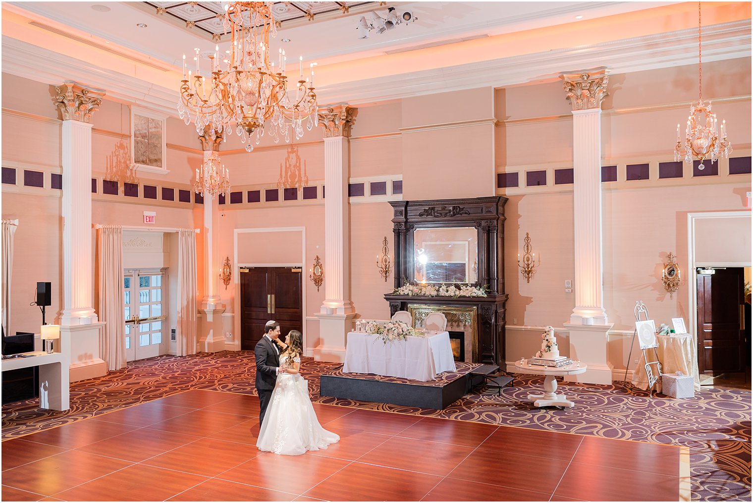 bride and groom dance in empty ballroom at the Palace at Somerset Park