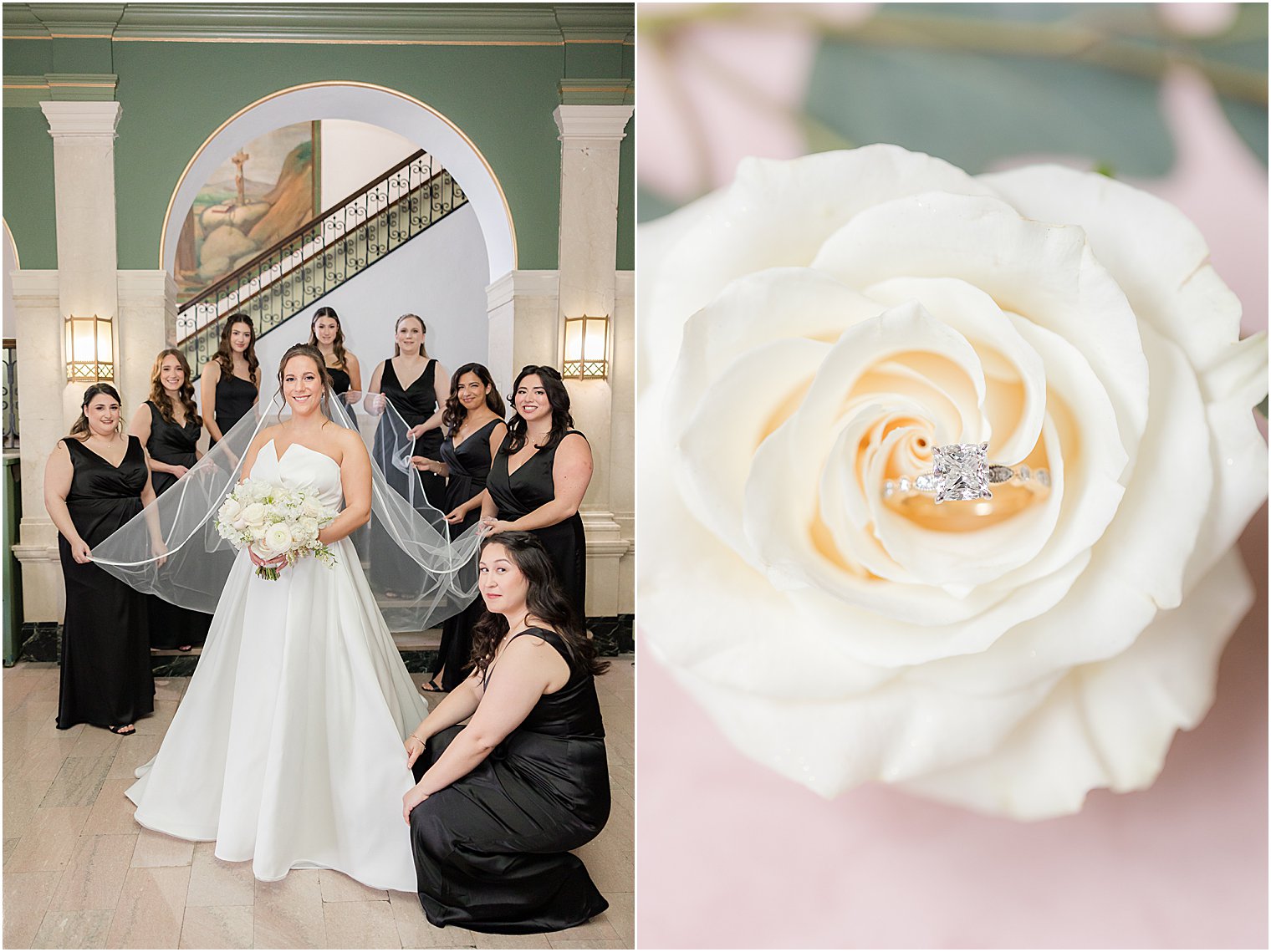 bridesmaids in black dresses help bride with veil at Mount Saint Mary Academy