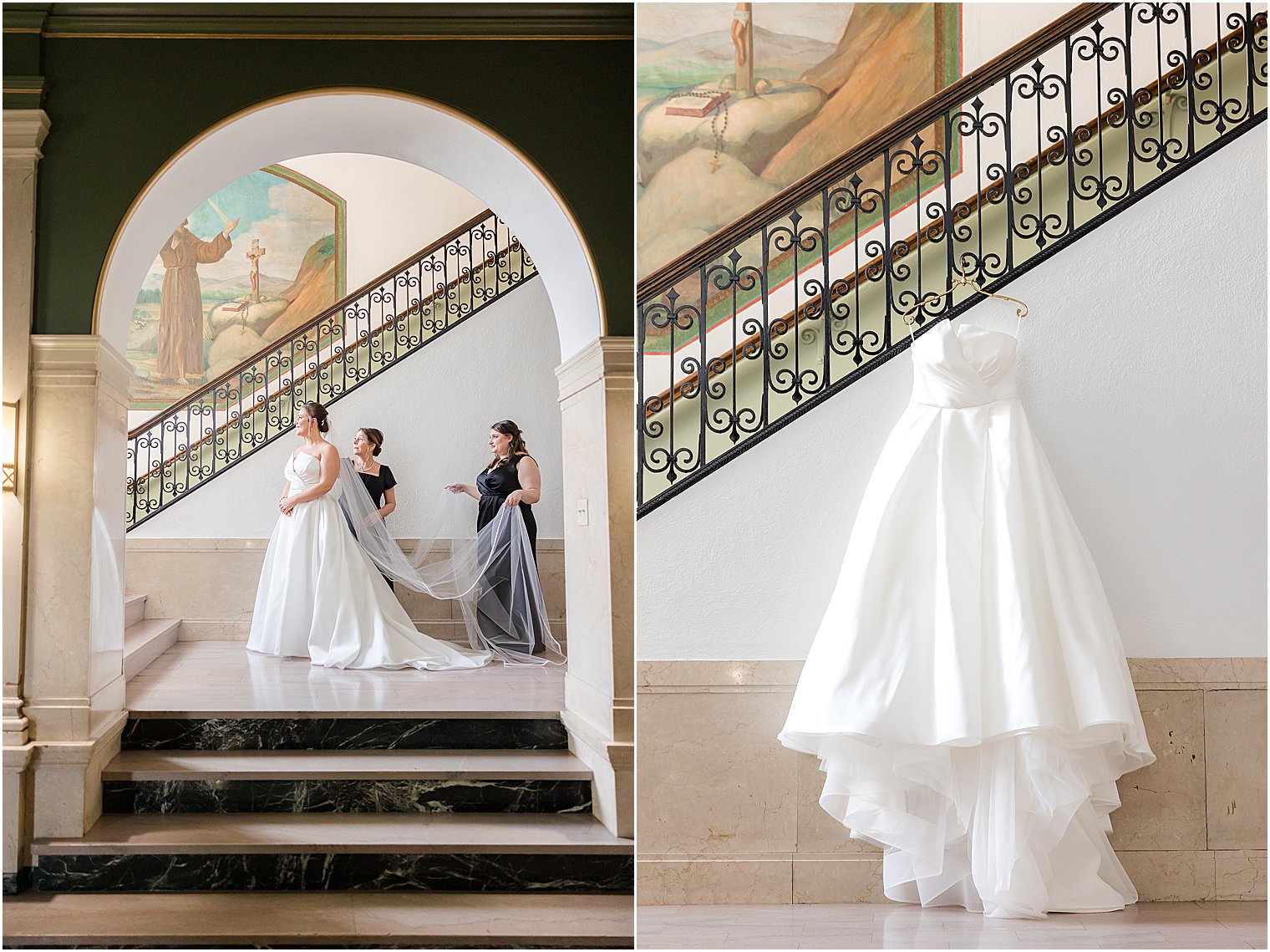 bride prepares for wedding day with bridesmaids at Mount Saint Mary Academy